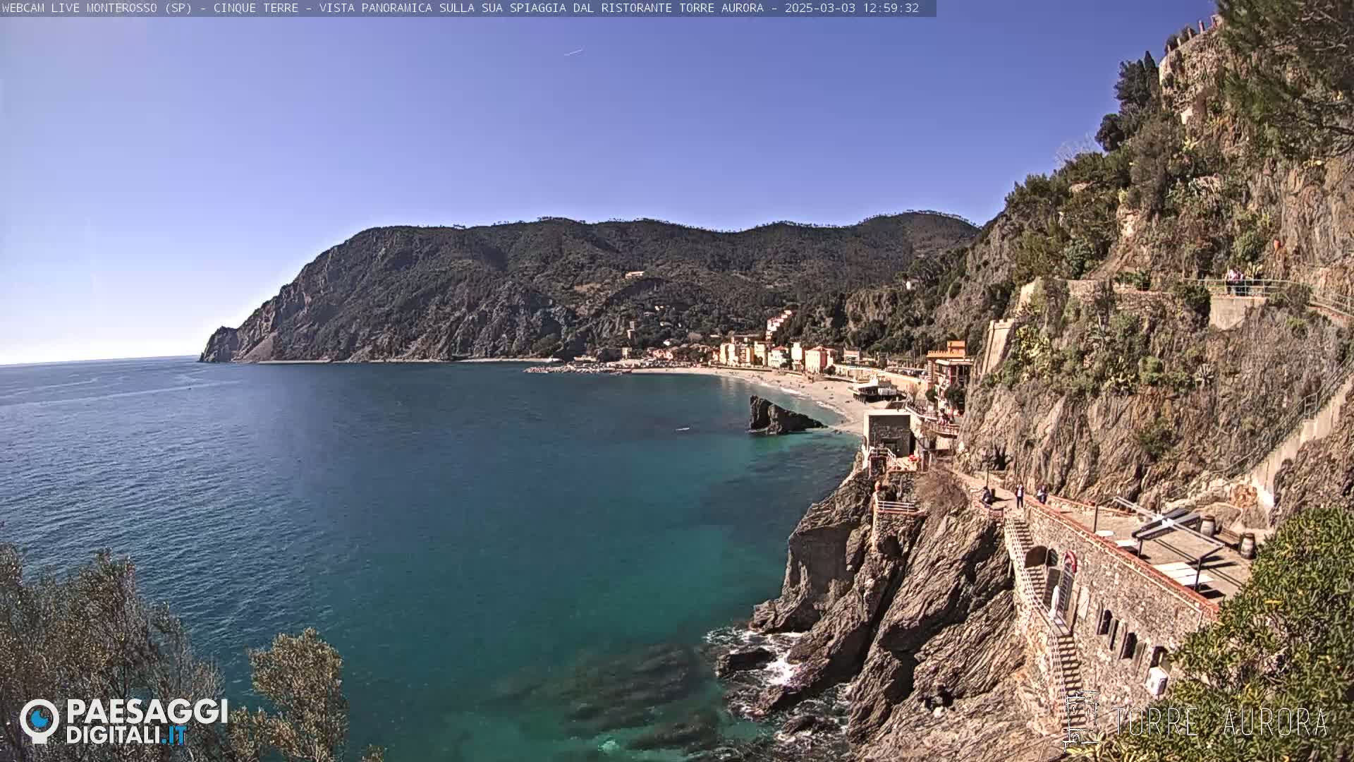 A clear, sunny day reveals a coastal town nestled between a rocky cliff and the turquoise sea, with a path winding along the cliffside.