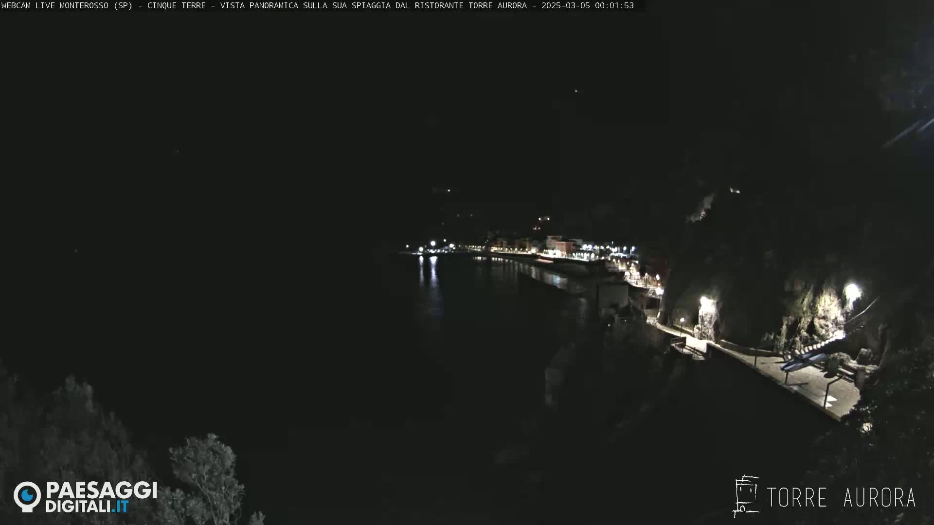 A nighttime, panoramic view of a dark coastline with a few illuminated buildings and a calm body of water.
