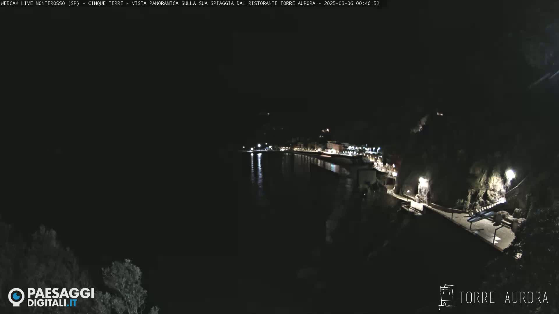 A nighttime view of a dark, calm body of water next to a dimly lit coastal town.