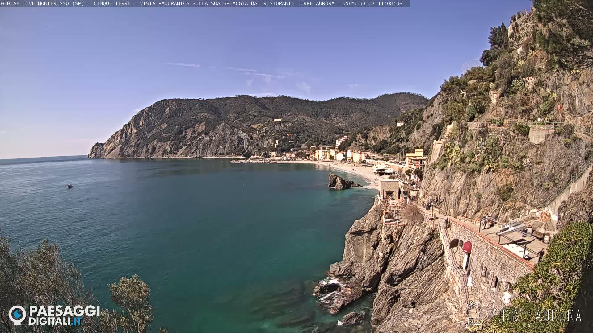 A sunny coastal view shows a small town nestled against a rocky hillside overlooking a calm turquoise sea.