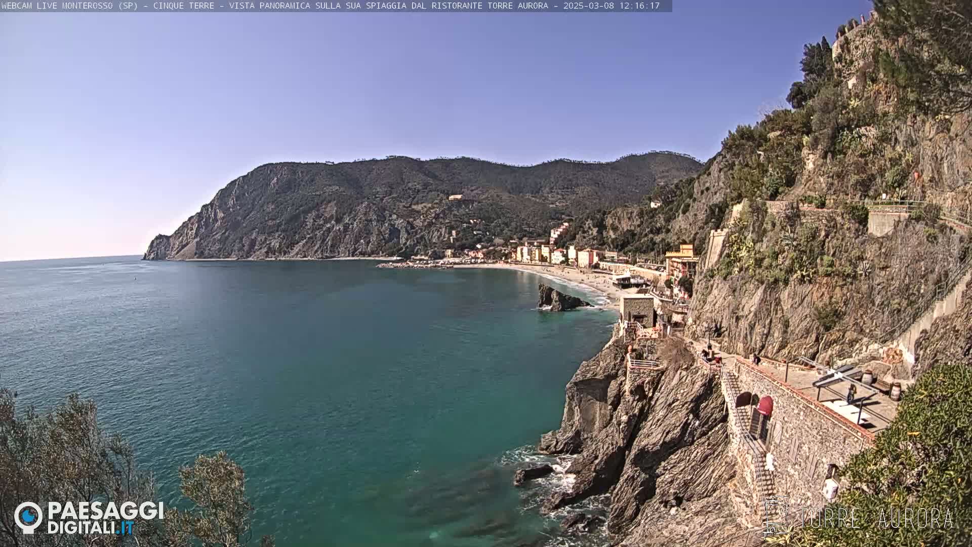 A coastal town nestled between rocky cliffs and a calm, teal sea on a clear, sunny day.