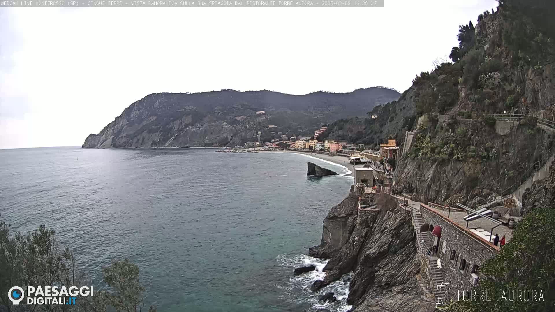 A coastal town nestled between rocky cliffs overlooks a calm sea under an overcast sky.