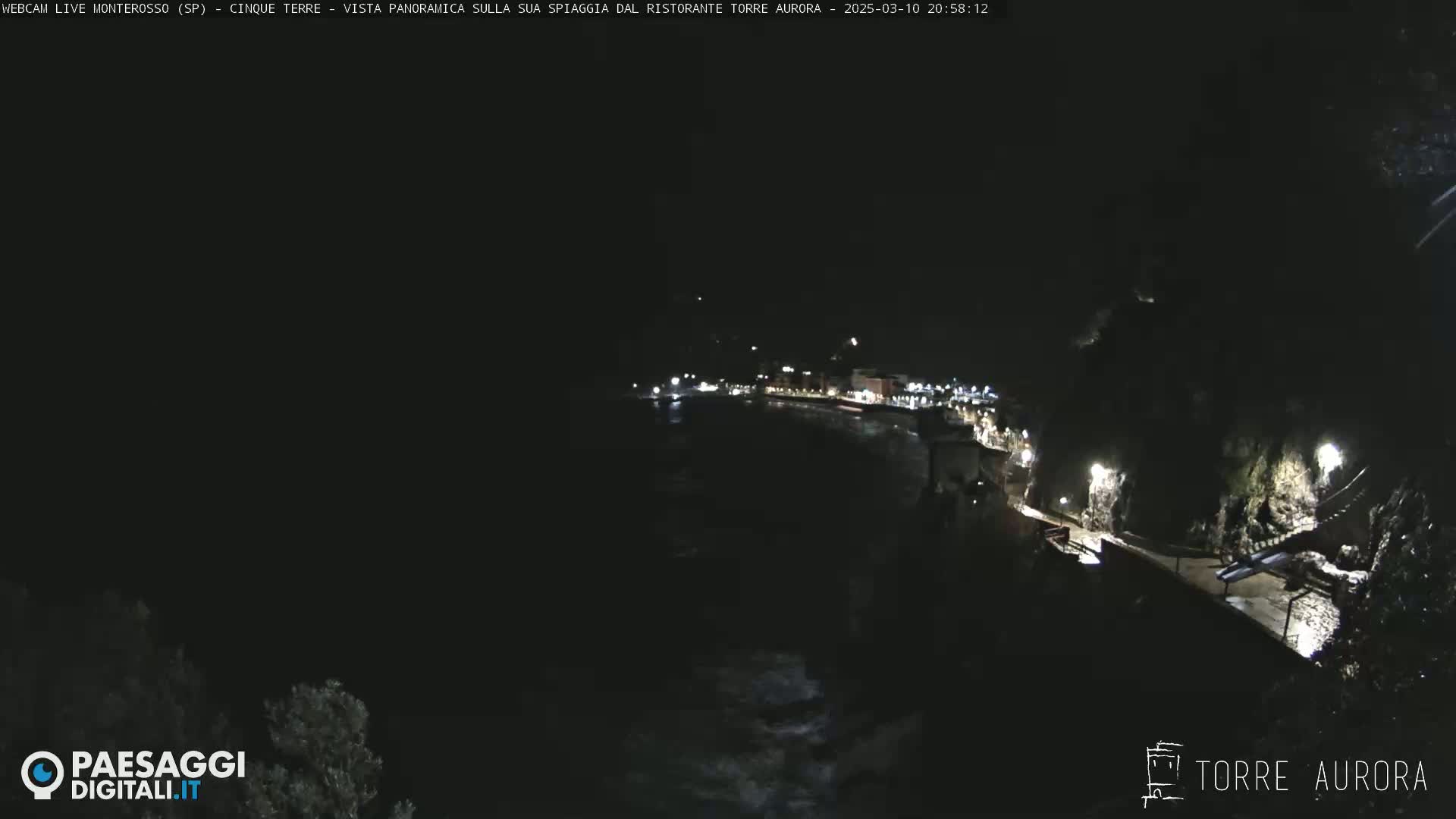 A nighttime, high-angle view of a dimly lit coastal town with a dark ocean in the foreground.