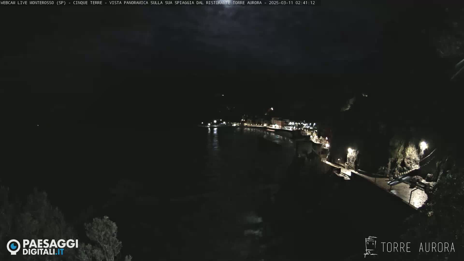 A nighttime, aerial view shows a dark coastline with dimly lit buildings and a calm body of water.