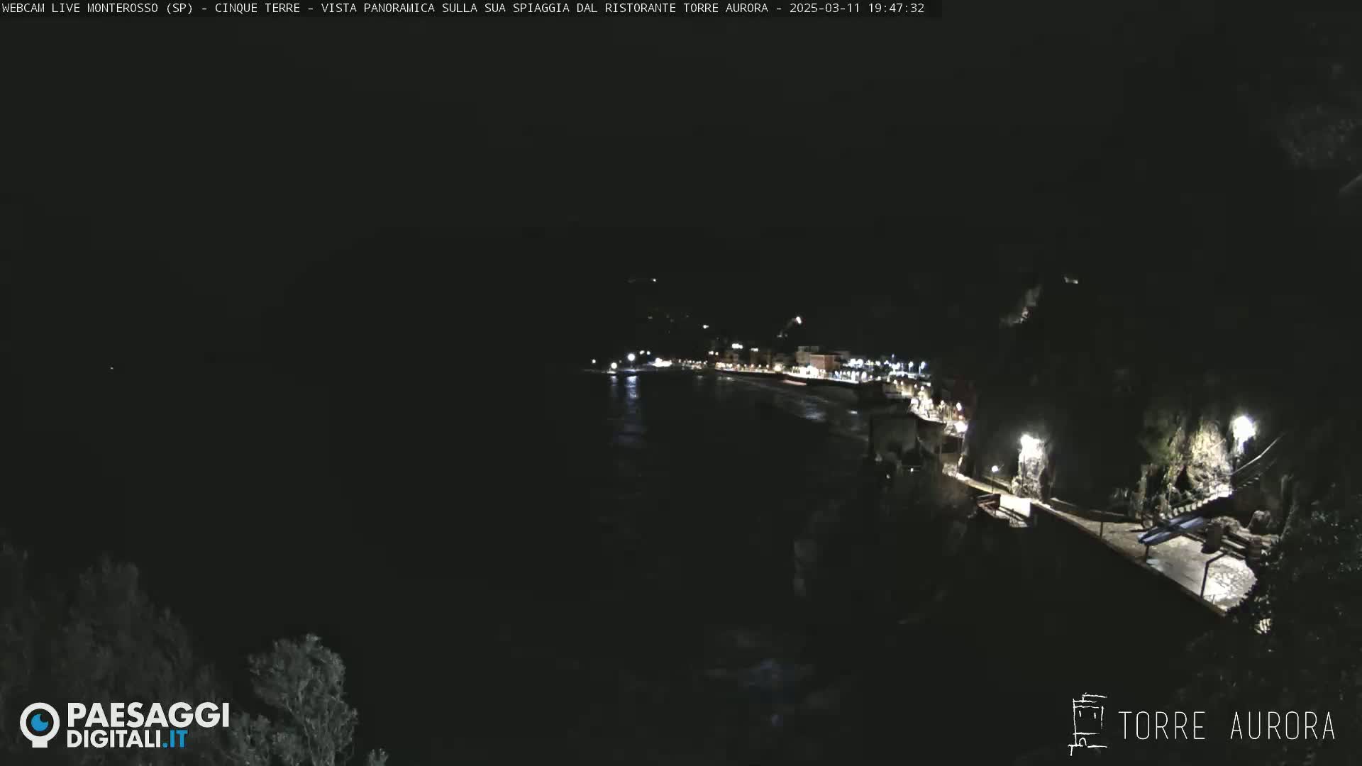 A nighttime, panoramic view of a dark, coastlit town next to a wavy ocean.