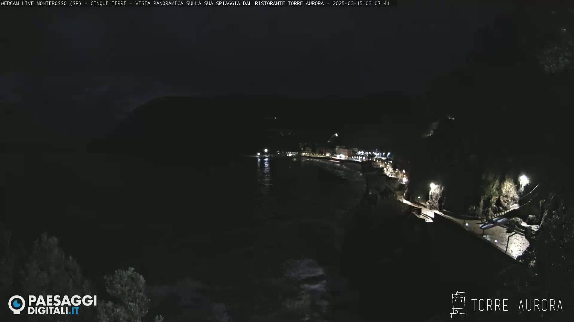 A nighttime, coastal scene shows a dark, partially lit town situated on a cliff overlooking a dark ocean with small waves.