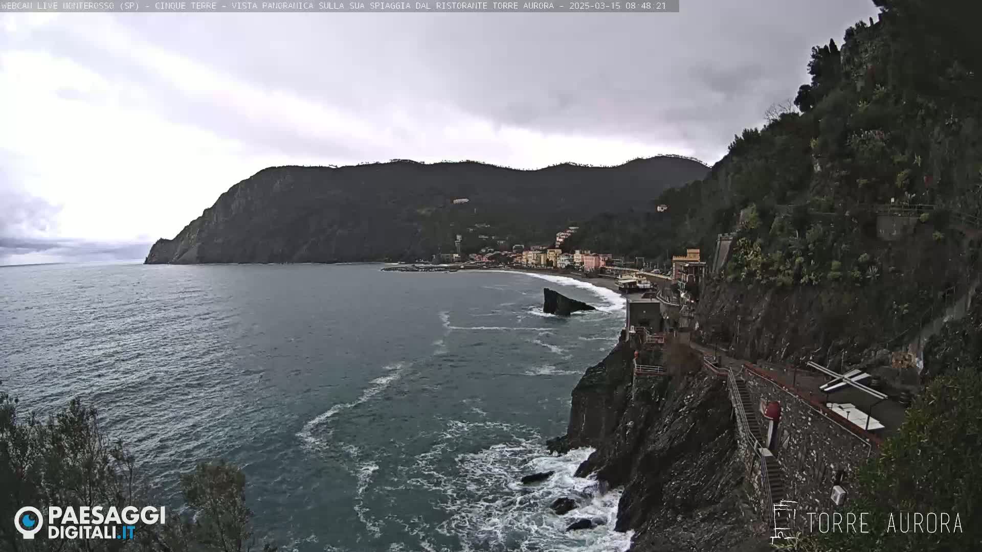 A coastal town nestled between dark green hills and a dark blue sea under an overcast sky, with waves crashing against rocky shores.