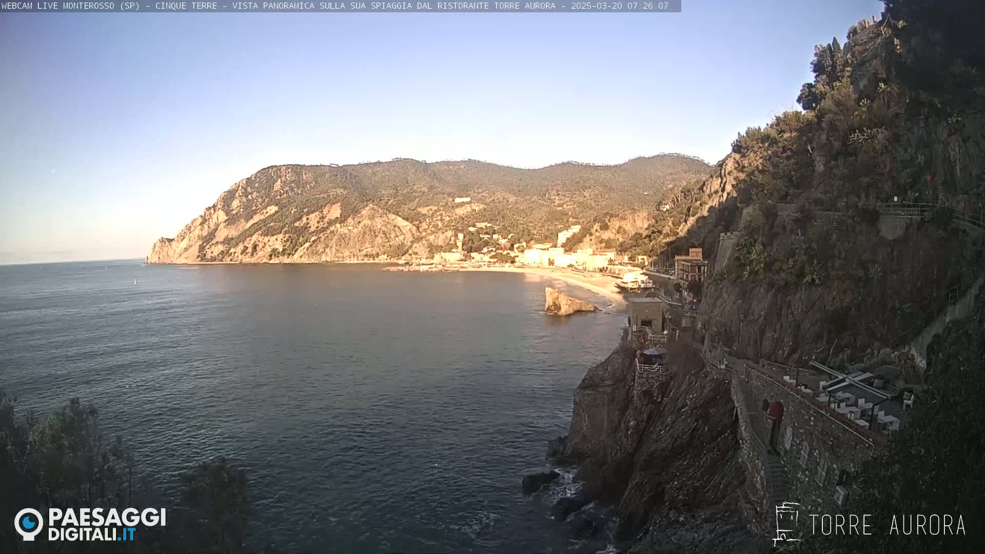 A coastal town nestled between steep cliffs and a calm sea under a clear, bright sky.