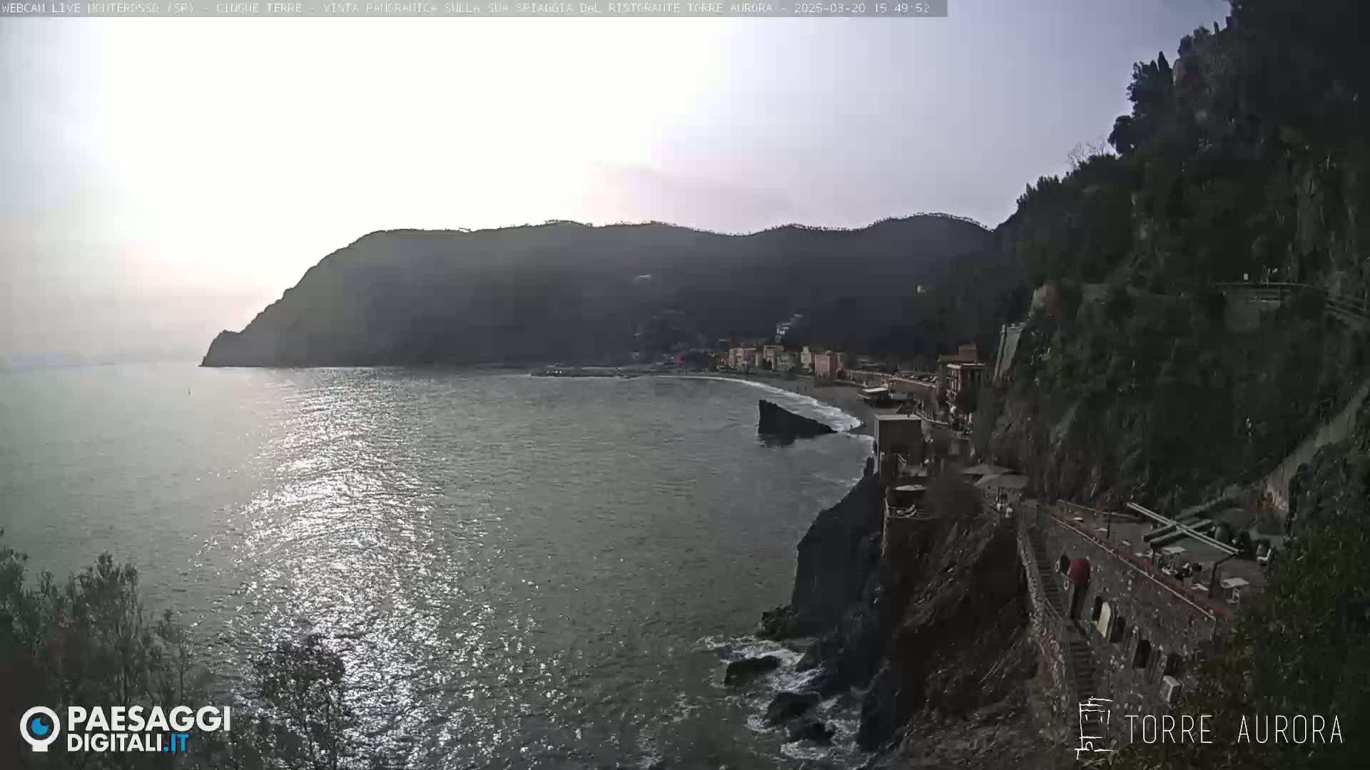 A coastal town nestled between dark, rocky cliffs on a partly sunny day with a calm sea reflecting sunlight.