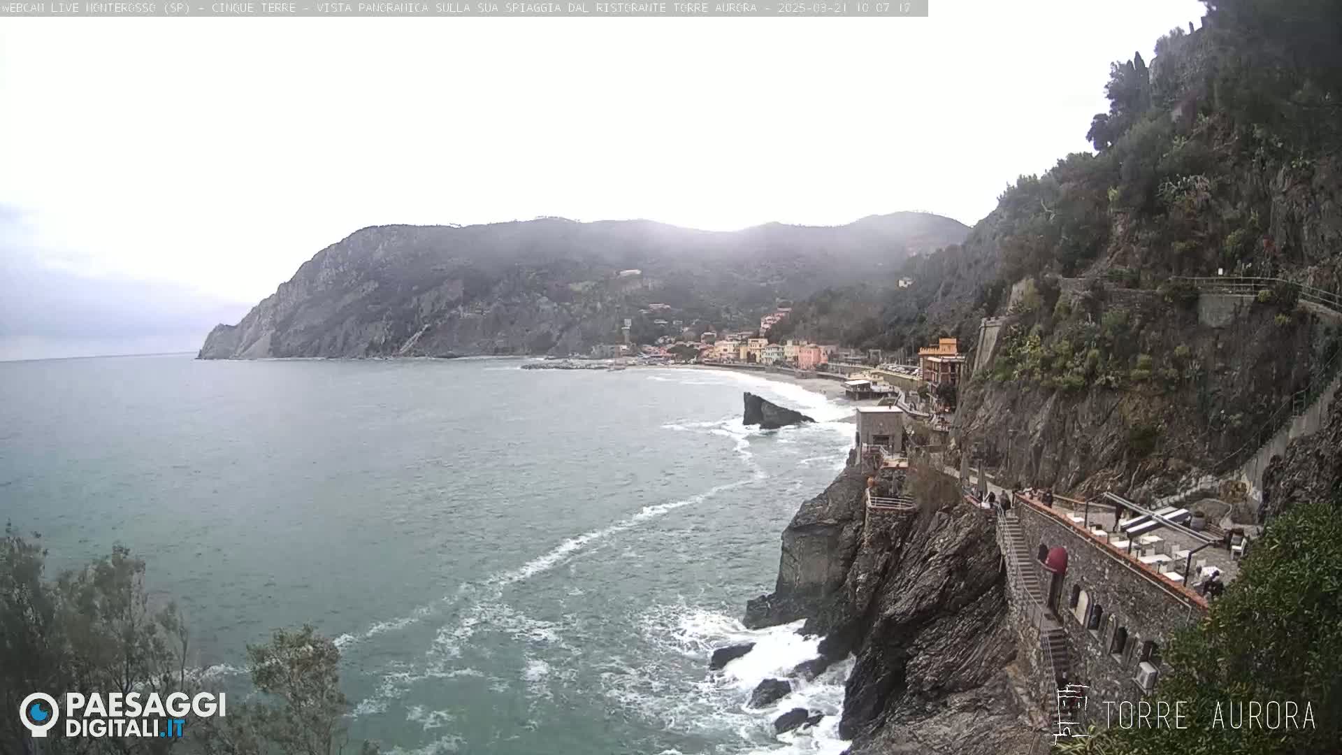 A seaside town nestled between rocky cliffs is viewed from above on an overcast day, with waves crashing against the shore.