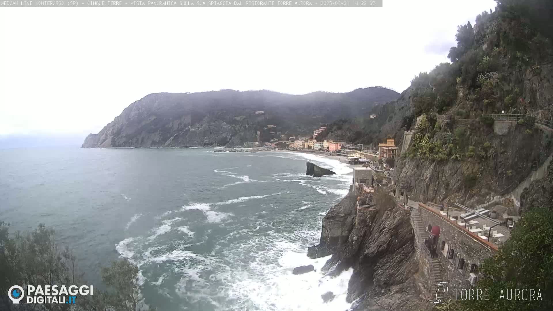 A coastal town nestled between rocky cliffs is partially visible, with a choppy sea crashing against the shore under an overcast sky.