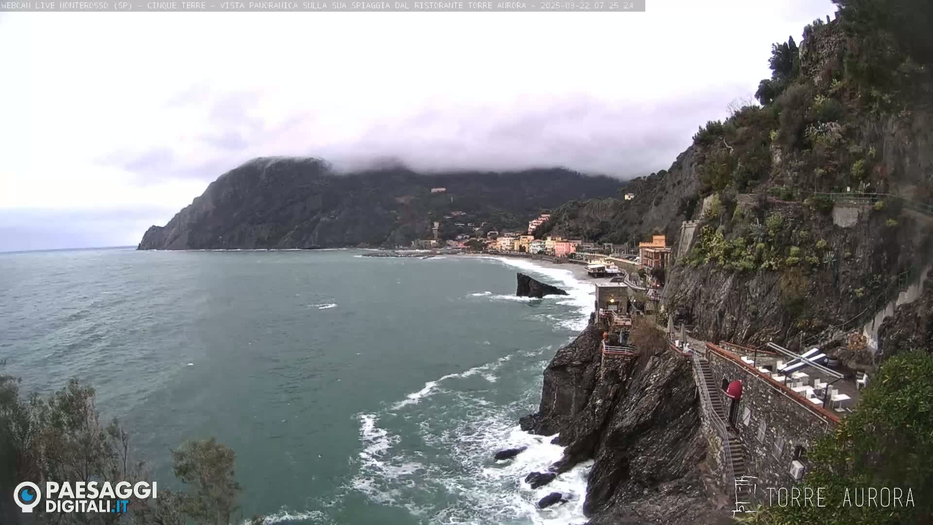 A coastal town nestled between steep cliffs and the sea is partially obscured by fog under an overcast sky, with waves crashing against the rocky shoreline.