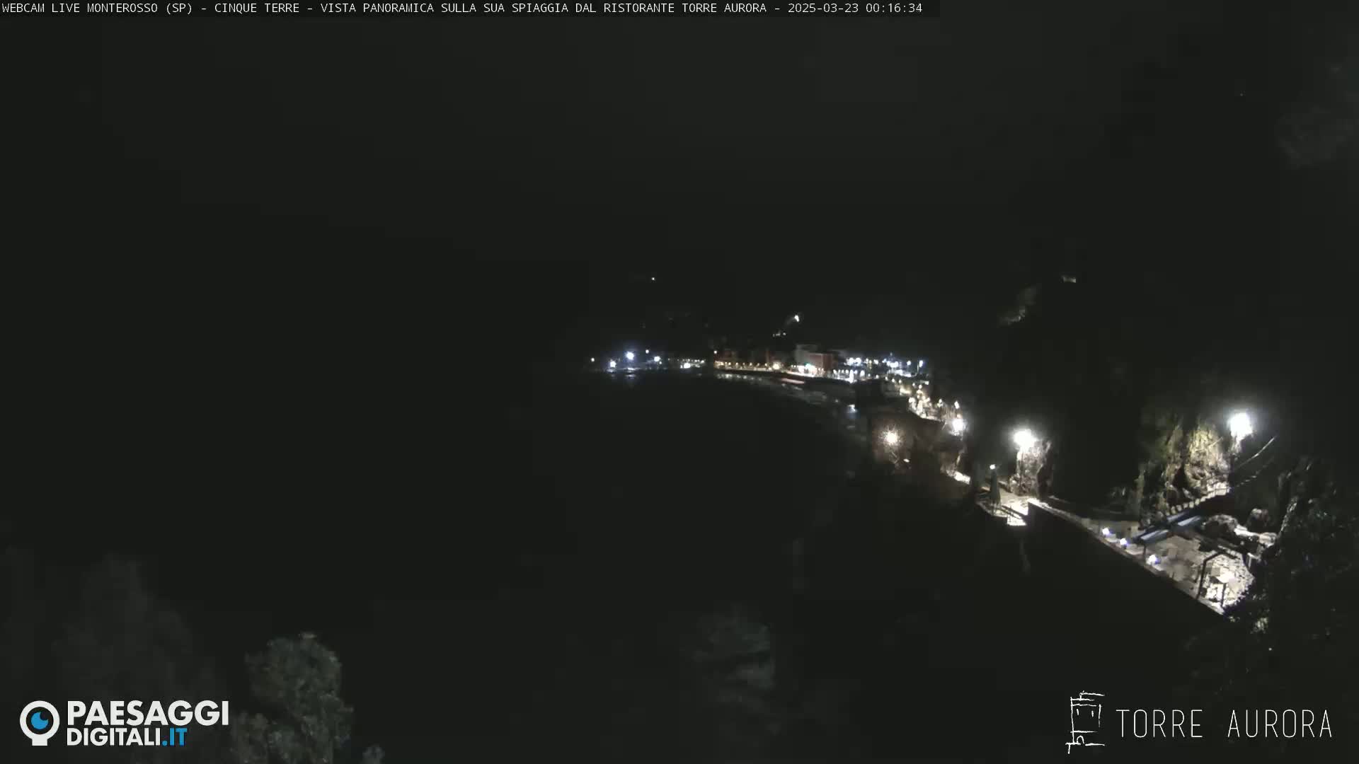 A nighttime, aerial view of a dimly lit coastal town with a dark ocean.