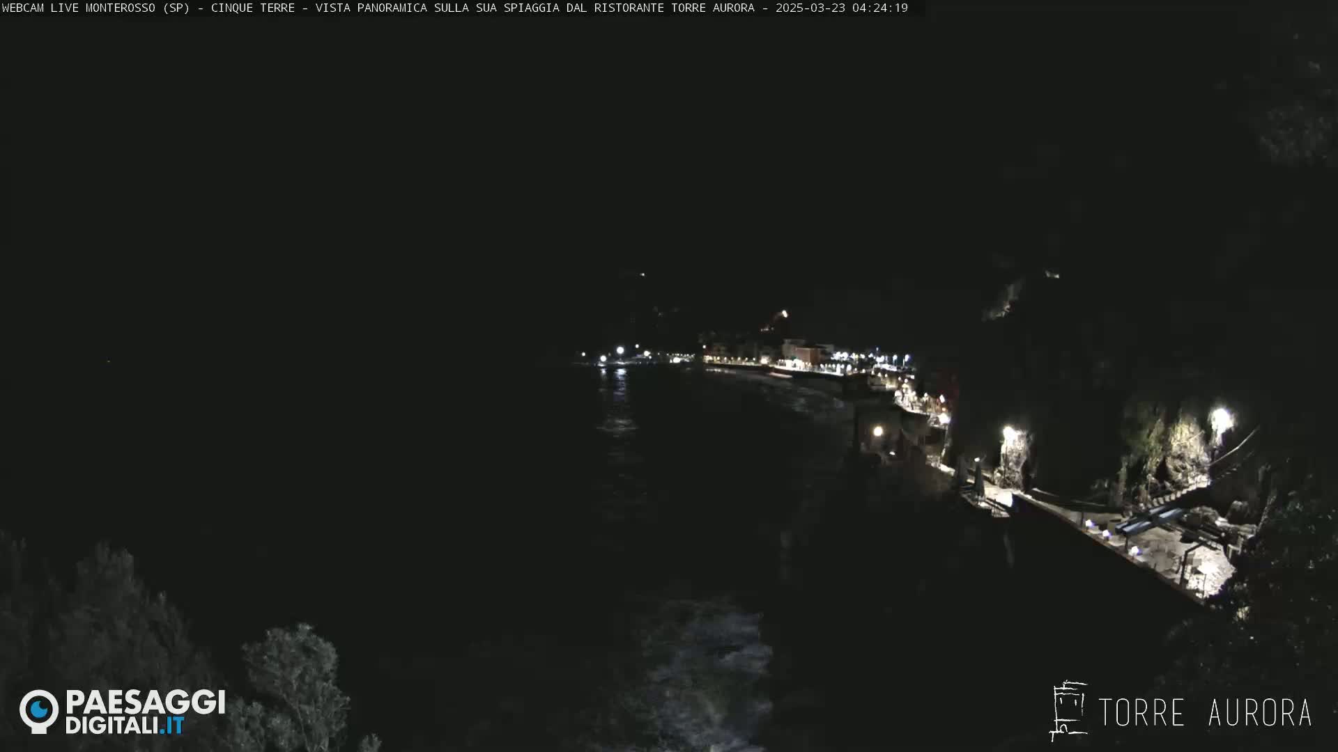 A nighttime view of a dark, gently waving ocean next to a dimly lit shoreline with buildings and paths.