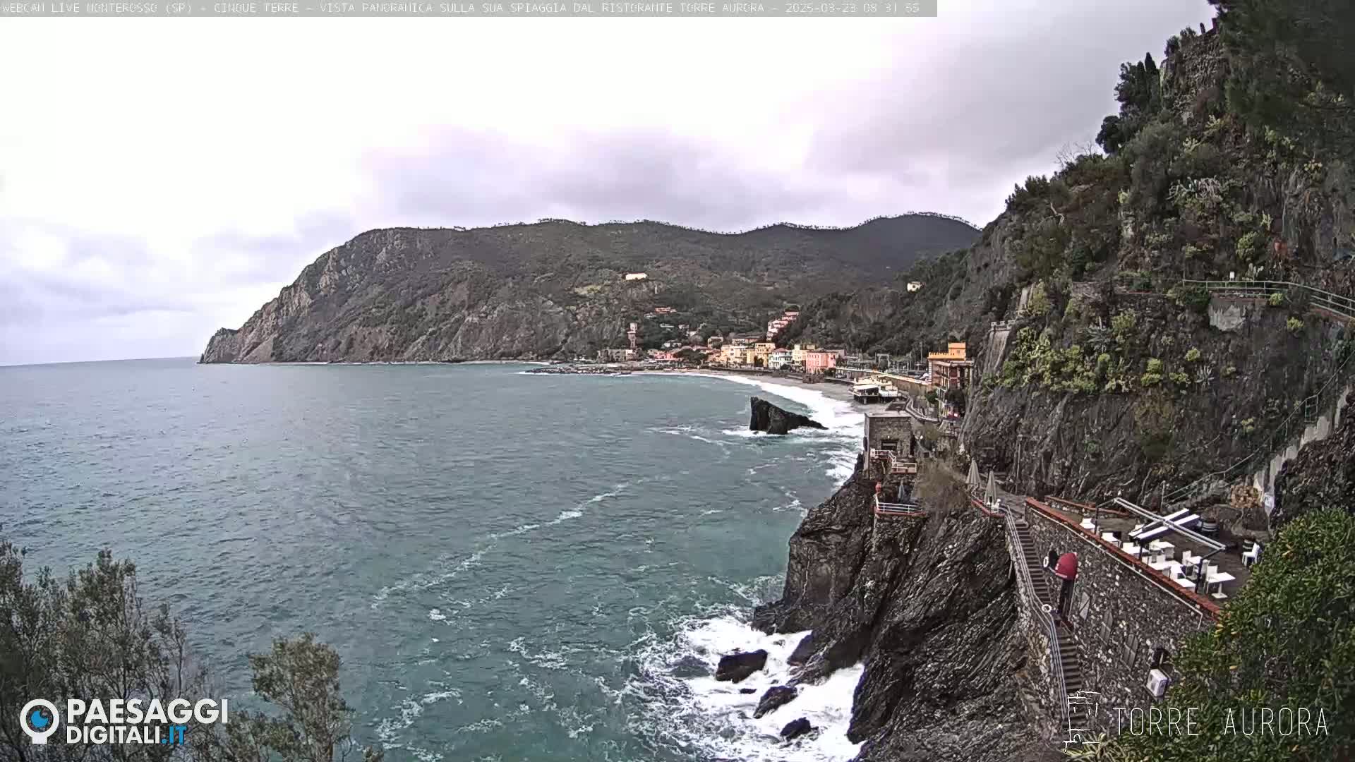 A coastal town nestled between steep cliffs and a choppy sea under an overcast sky.