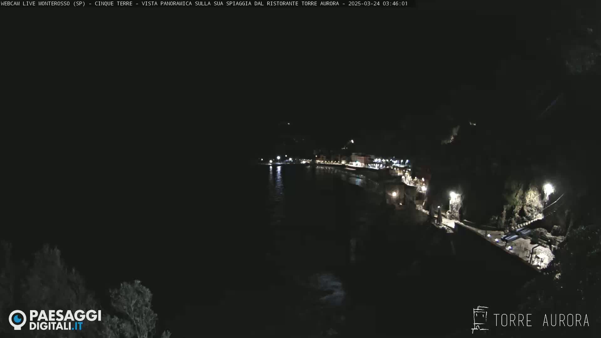 A nighttime, panoramic view of a dark coastline with a few lights illuminating a seaside path and buildings.