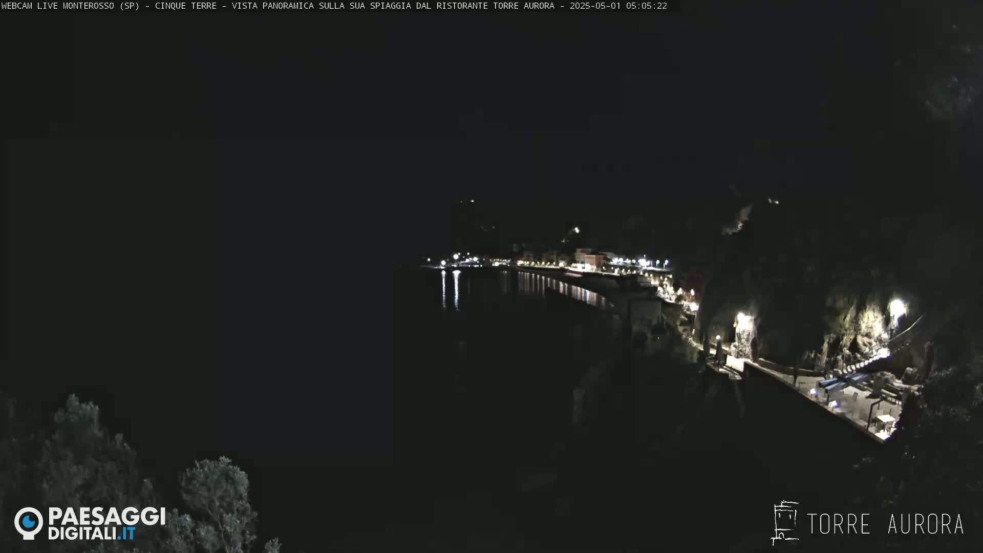 A nighttime, long shot of a coastal town's lights reflecting on calm water.