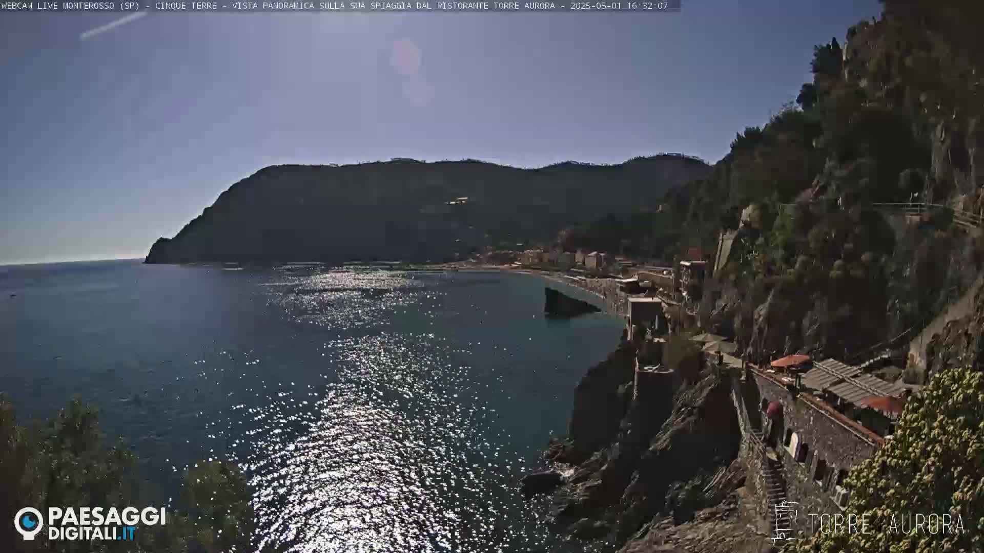 A sparkling blue ocean laps against a rocky shoreline, where a village clings to the hillside under a clear sky.