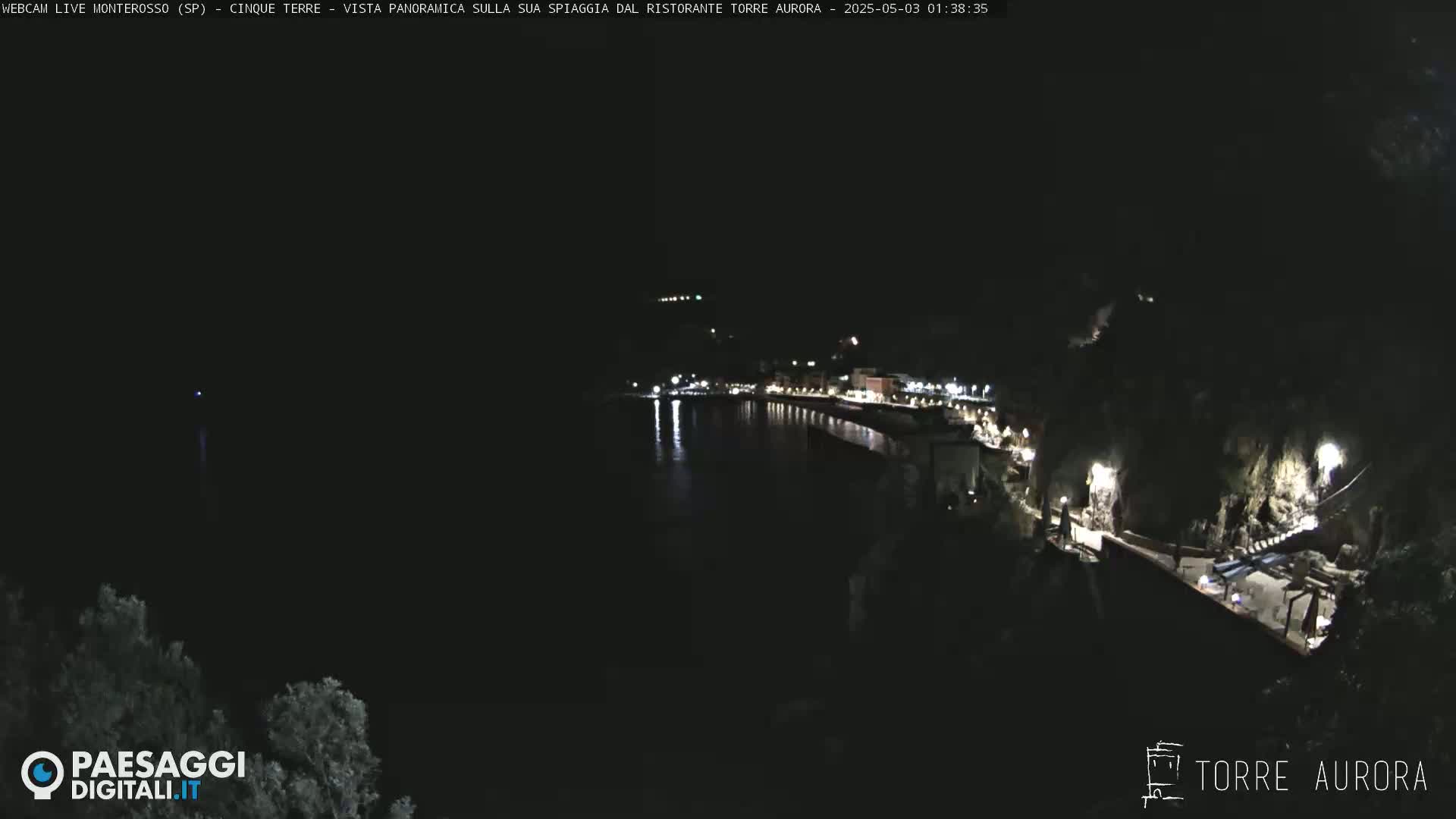 A nighttime, panoramic view of a dark, calm body of water with a lit shoreline and buildings along a hillside.