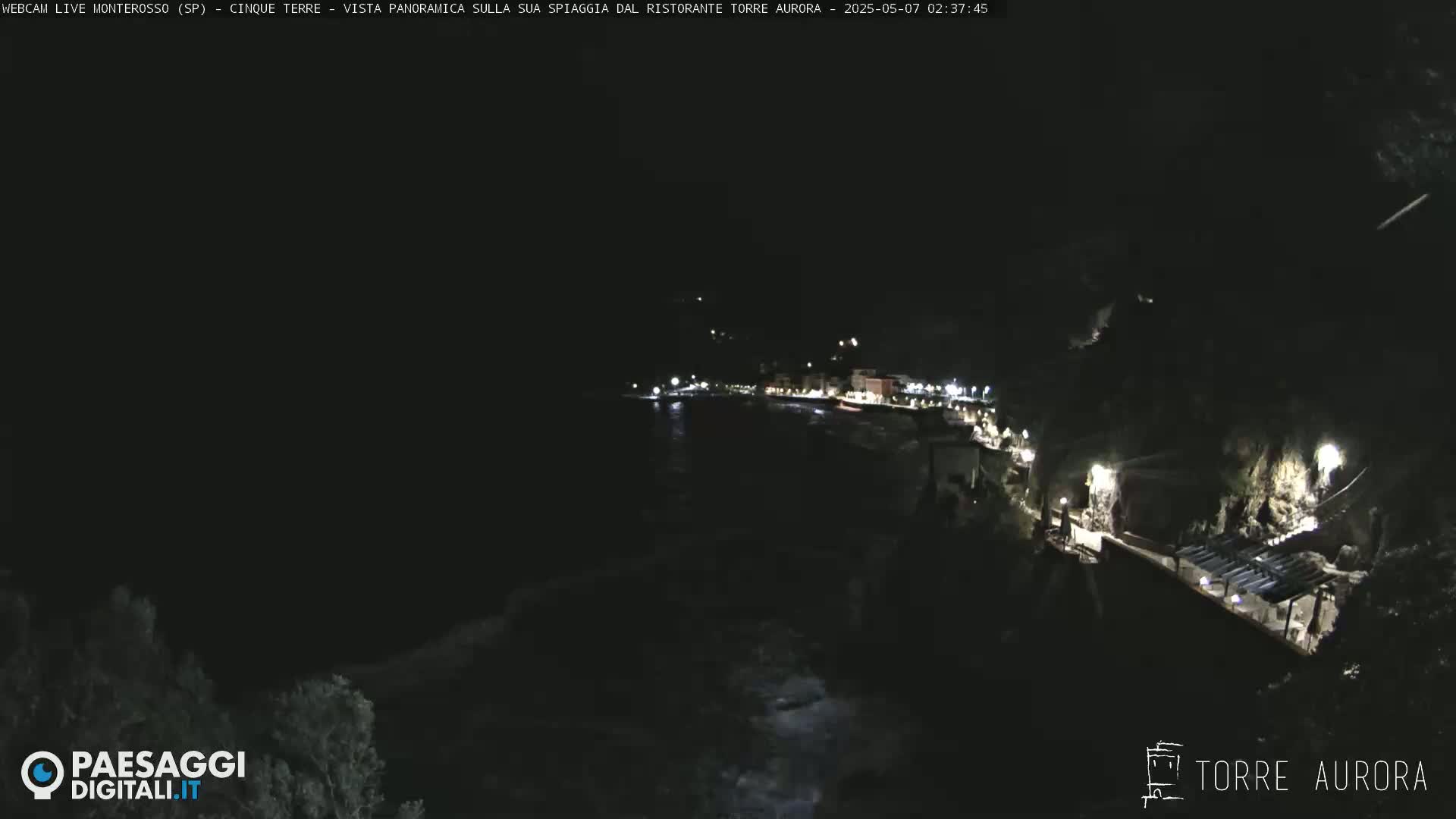 A nighttime, high-angle view of a dark coastline with a few lights visible along the shore and in the water.