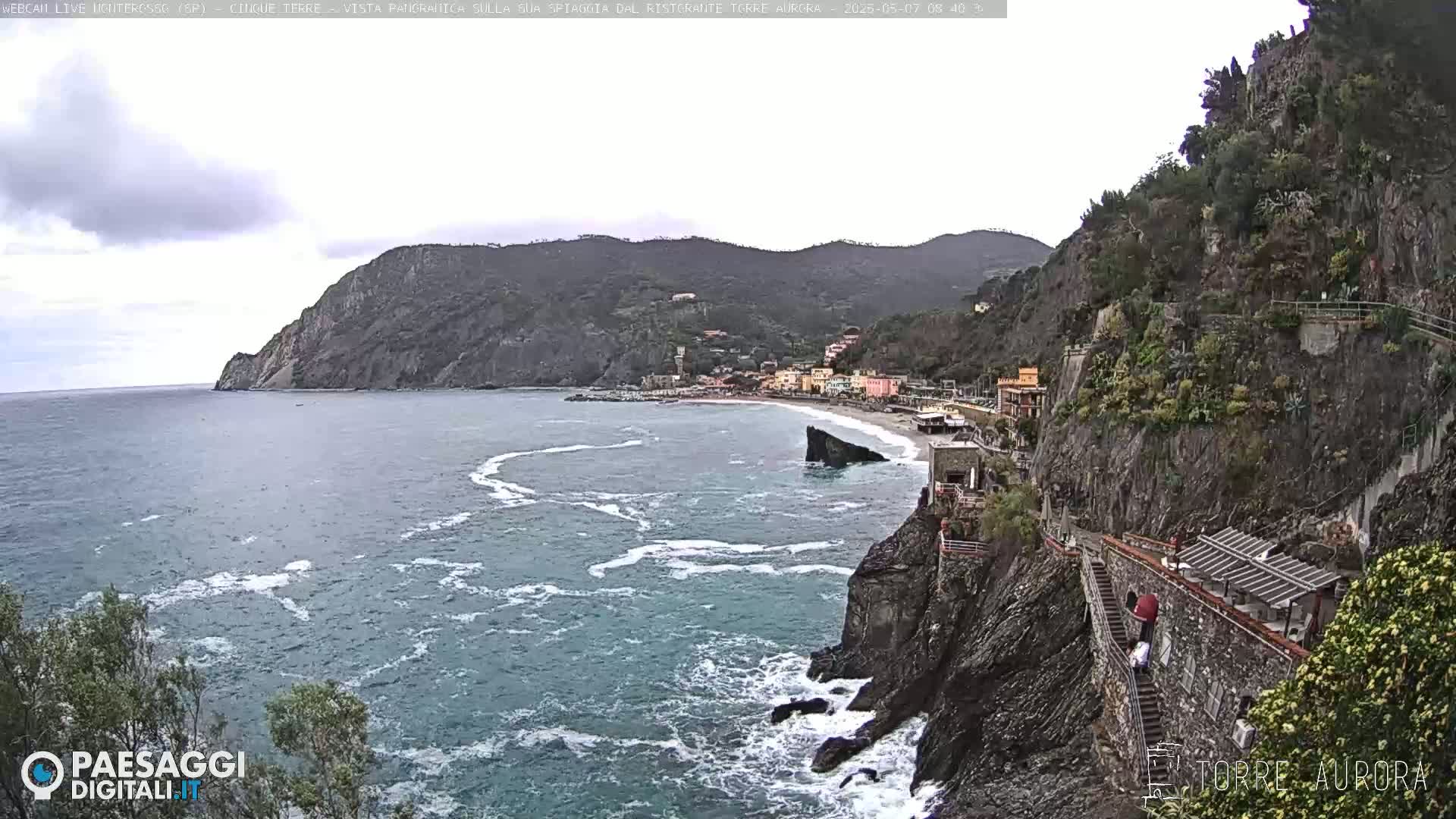A coastal town nestled between steep, rocky cliffs overlooks a choppy sea under an overcast sky.