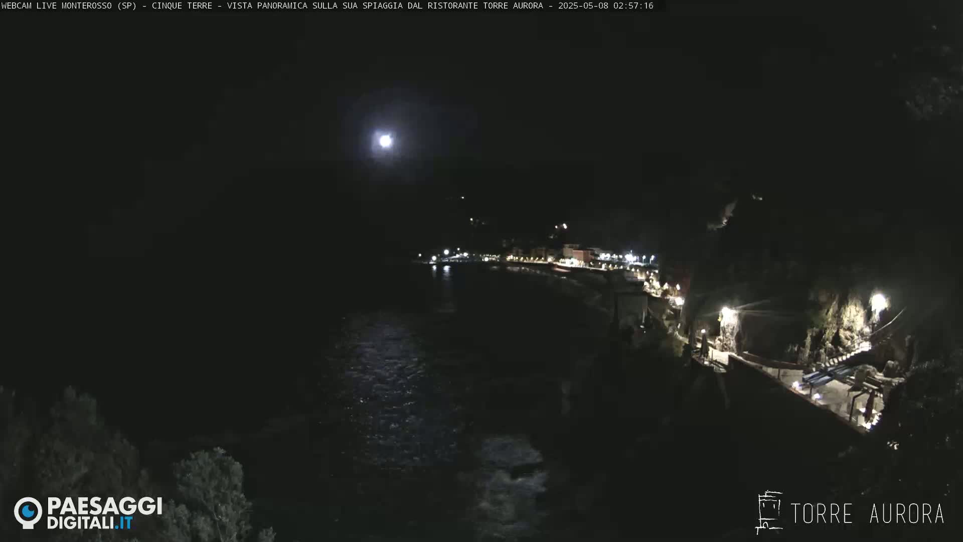 A nighttime coastal scene shows a dark ocean with small waves under a bright moon, and a dimly lit shoreline with buildings.