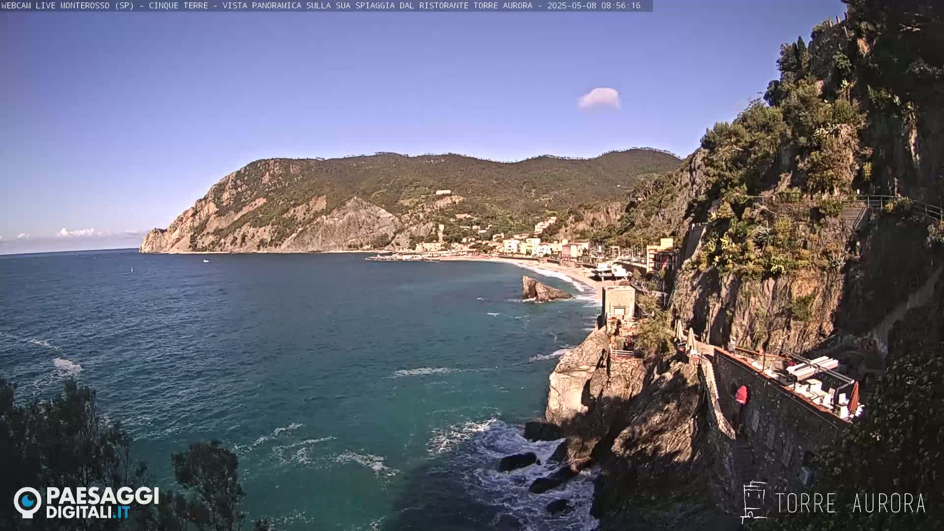 A sunny coastal scene shows a town nestled between steep, green hillsides overlooking a calm, blue sea with small waves gently lapping the rocky shore.