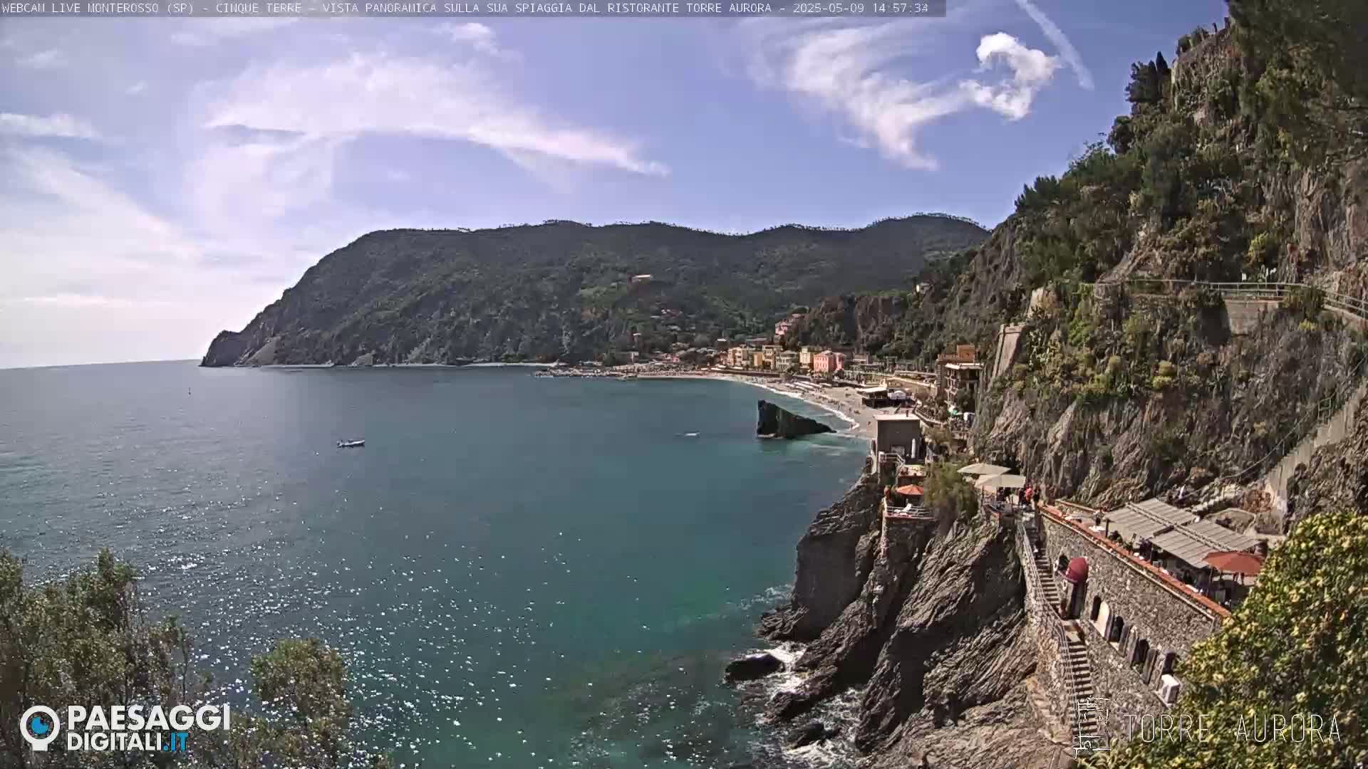 A picturesque coastal town nestled between a rocky cliff and a calm, sparkling blue sea under a partly cloudy sky.