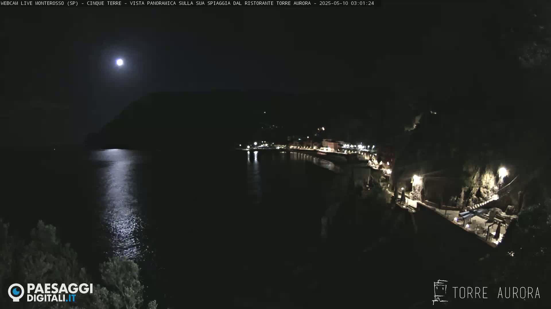 A nighttime coastal scene shows a moonlit body of water reflecting the bright moon, with a dark shoreline featuring buildings and lights.