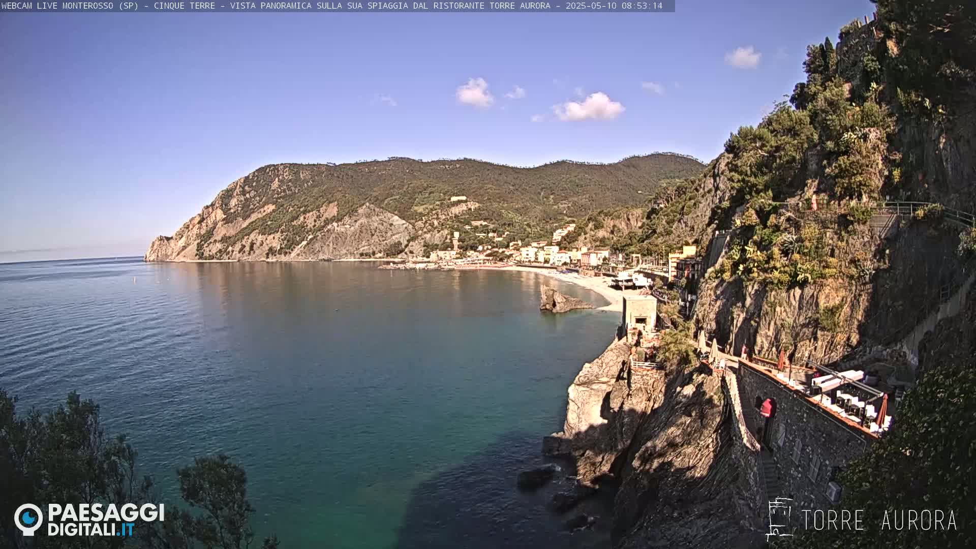 A mostly sunny day overlooks a calm ocean bay next to a rocky cliffside with buildings and a beach.