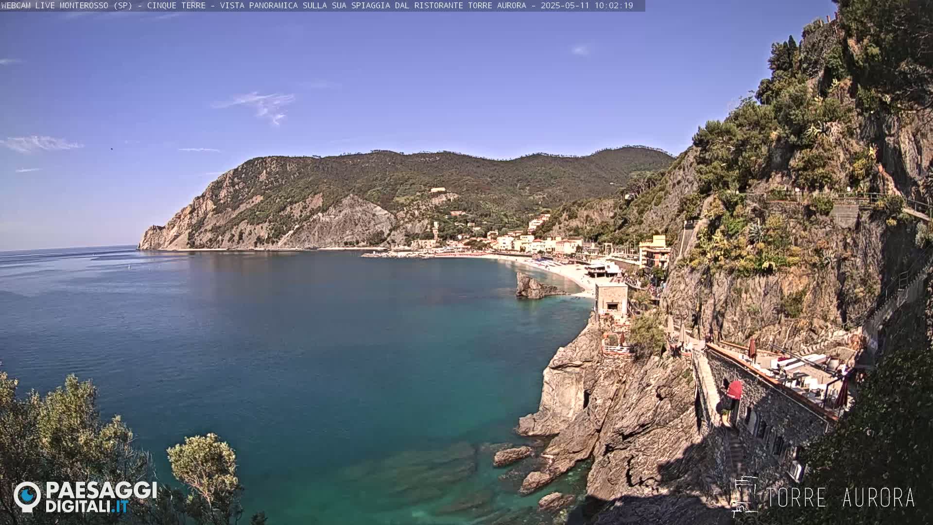 A coastal town nestled between rocky cliffs and a clear, teal sea under a mostly clear sky.