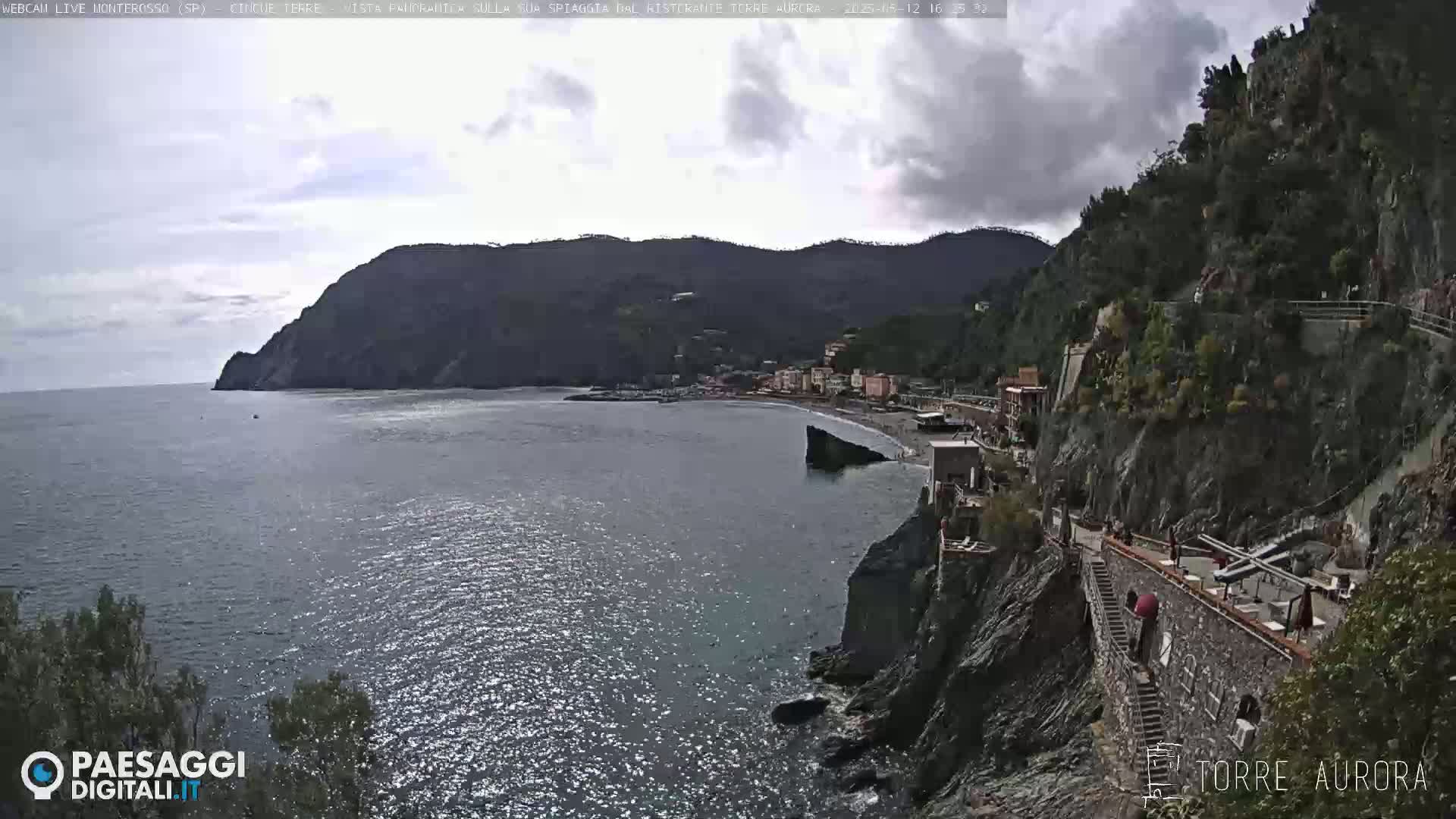 A coastal town nestled between a mountainous cliff and the sea under a mostly cloudy sky.