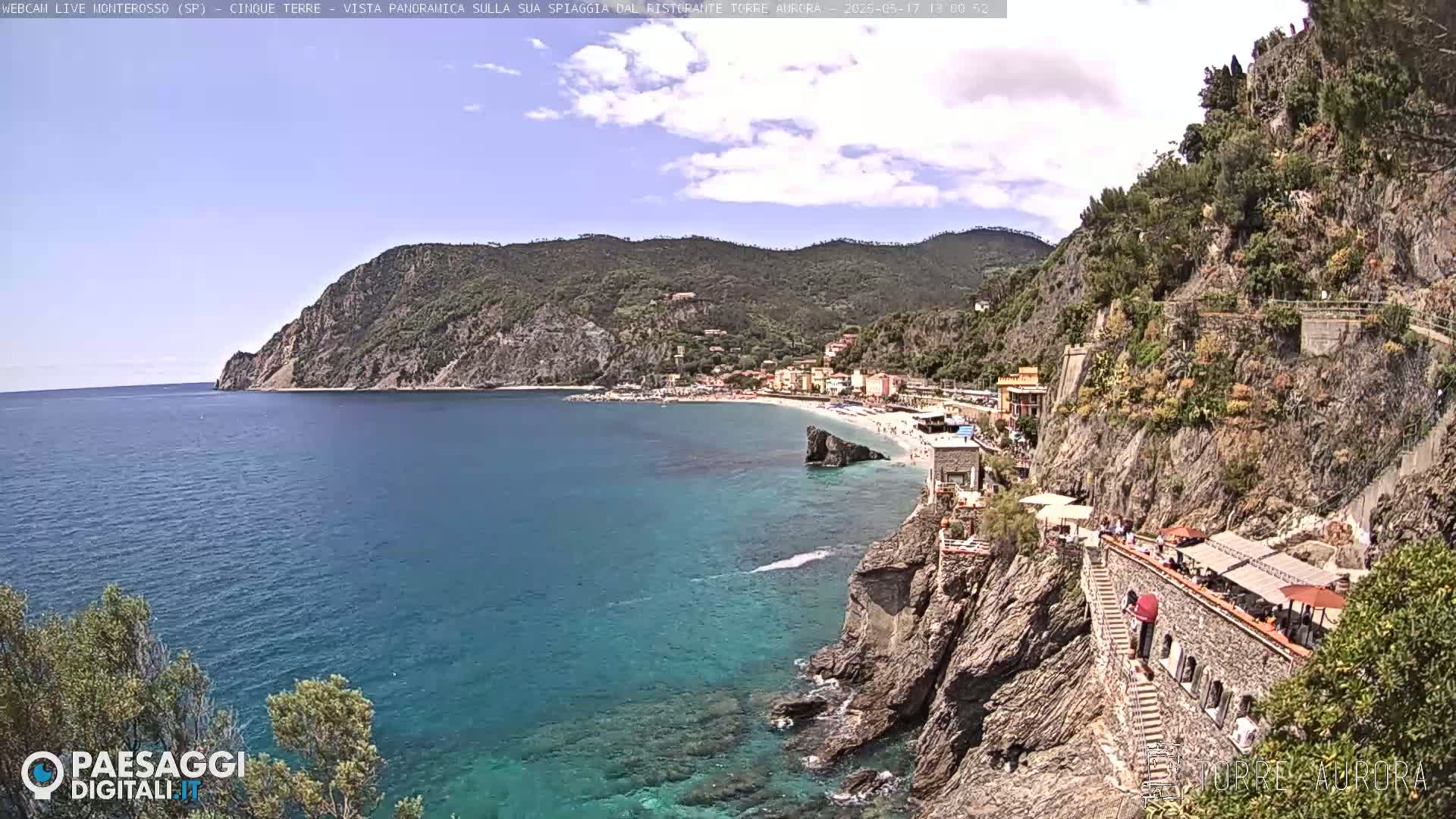 A coastal town nestled between steep, green cliffs, with a sandy beach and clear blue water under a partly cloudy sky.