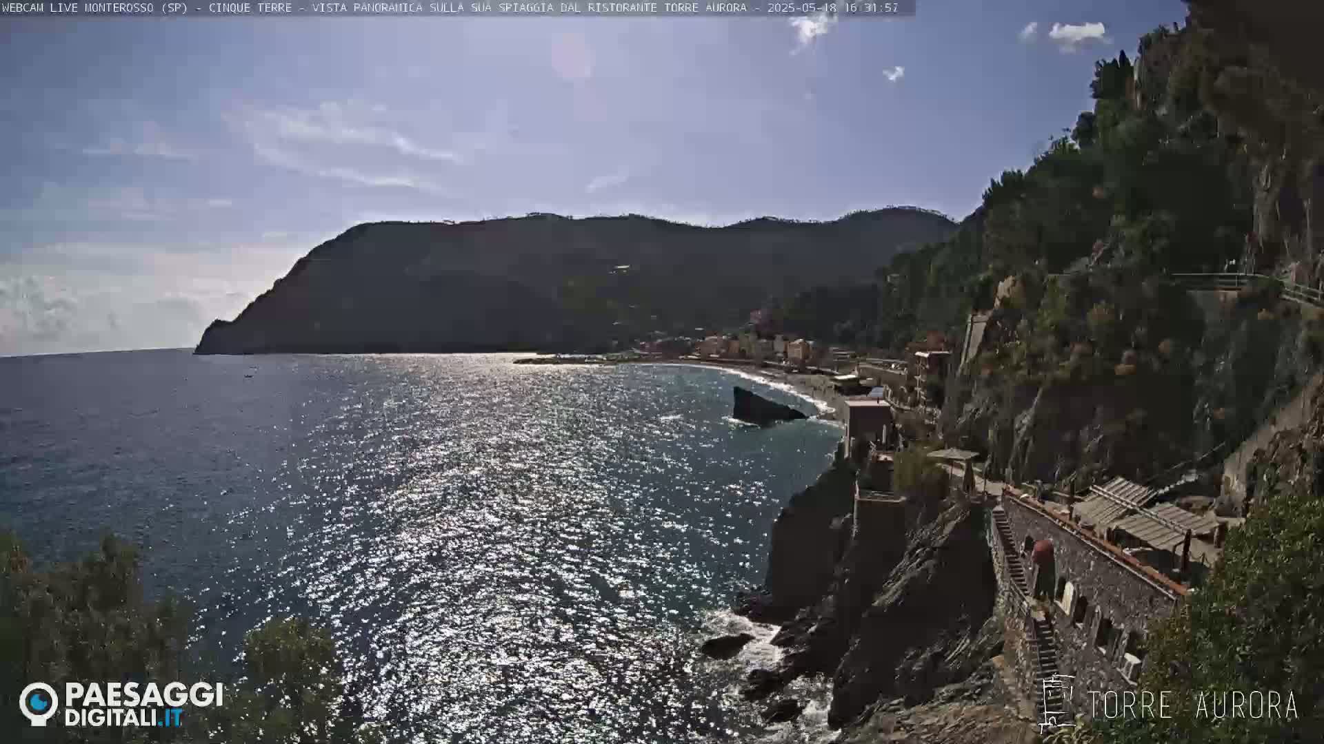 A sunny day overlooking a calm, sparkling sea with a small town nestled on a rocky cliffside.