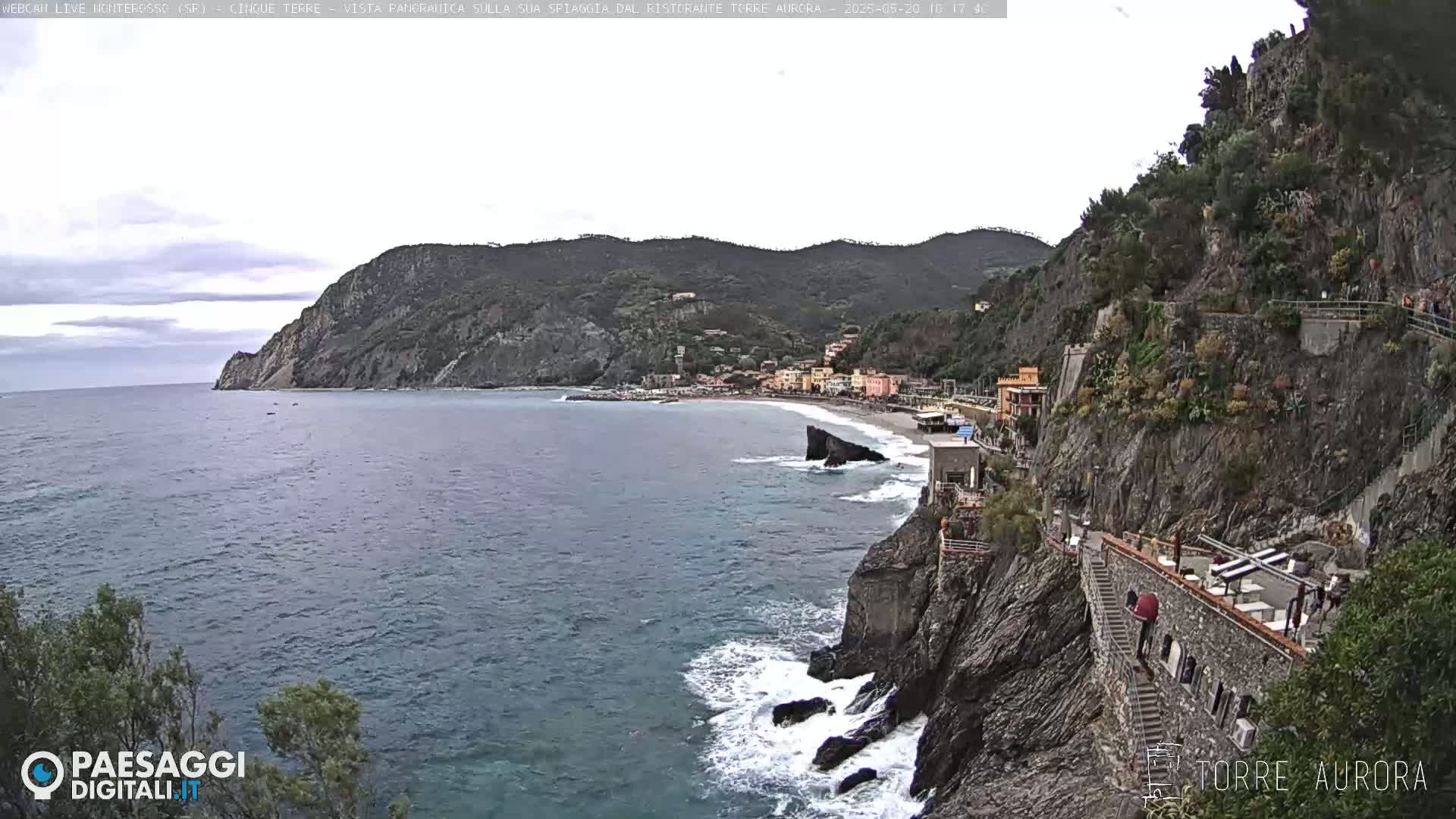 A coastal town nestled between rocky cliffs and a calm sea, with a partly cloudy sky overhead.