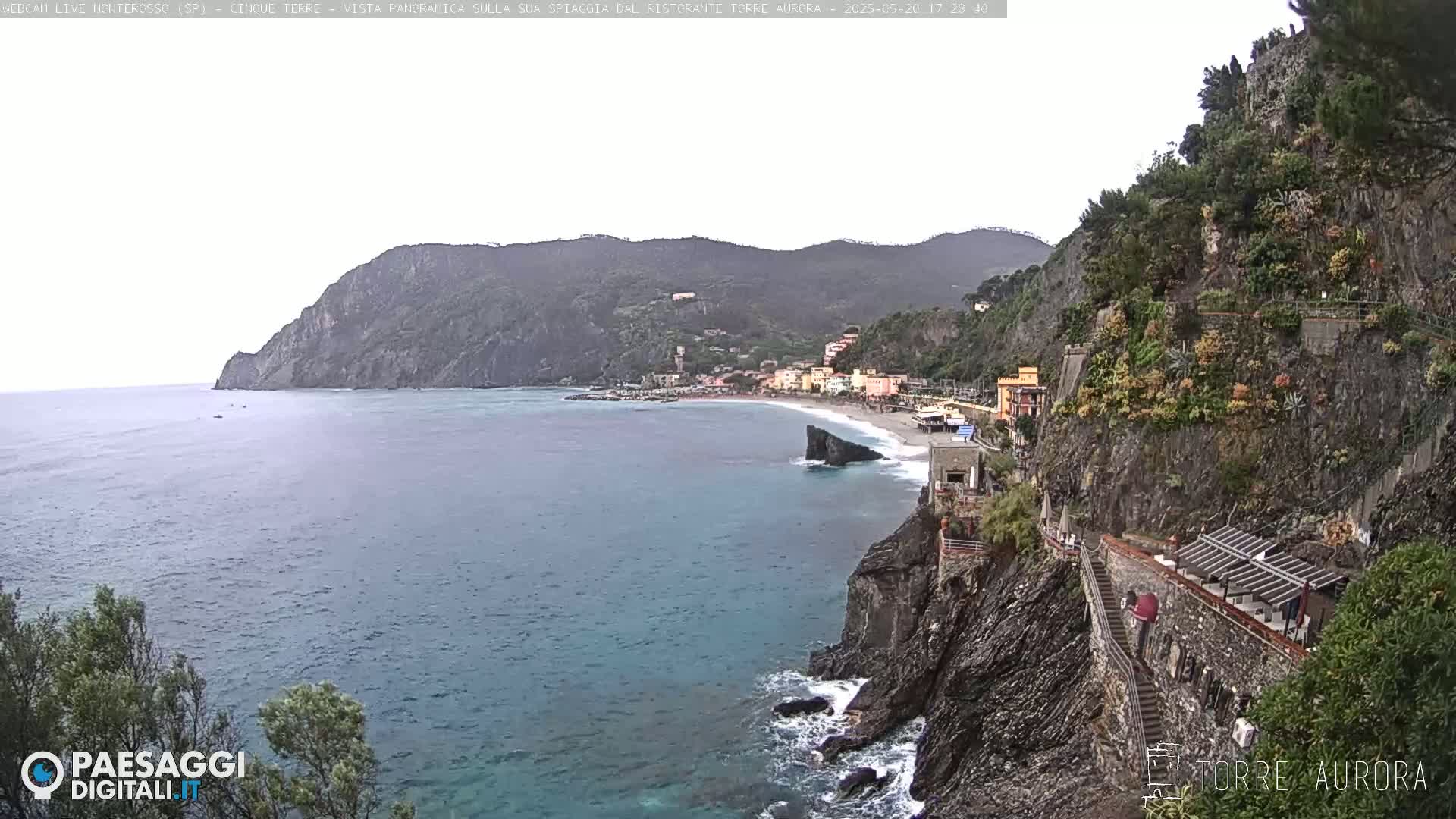 A coastal town nestled between a rocky cliff and the sea on an overcast day.