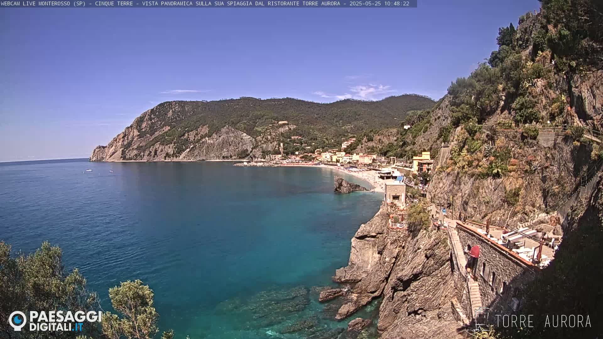 A sunny coastal scene shows a turquoise ocean lapping a sandy beach below a hillside town, all viewed from a high vantage point on a rocky cliffside path.