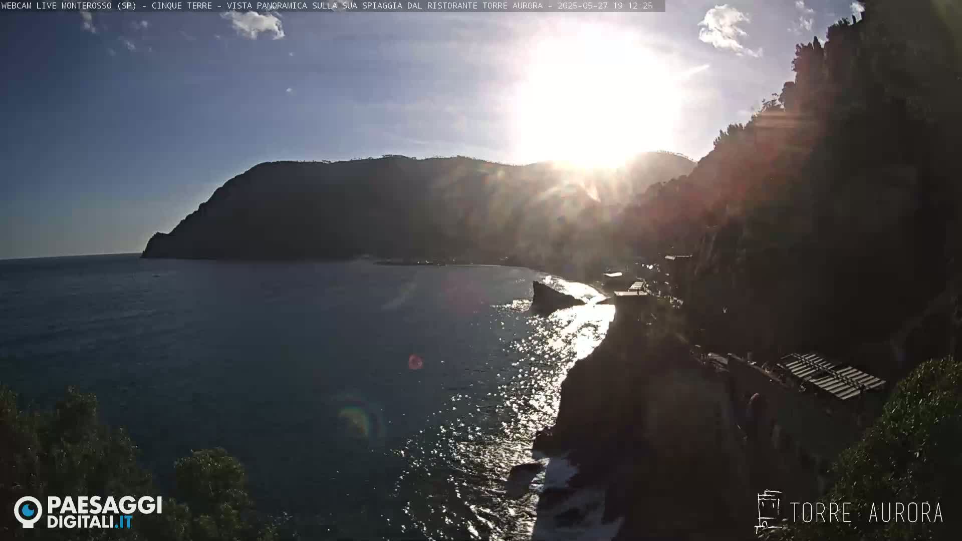 A bright sun shines over a dark, rocky coastline and calm ocean water.