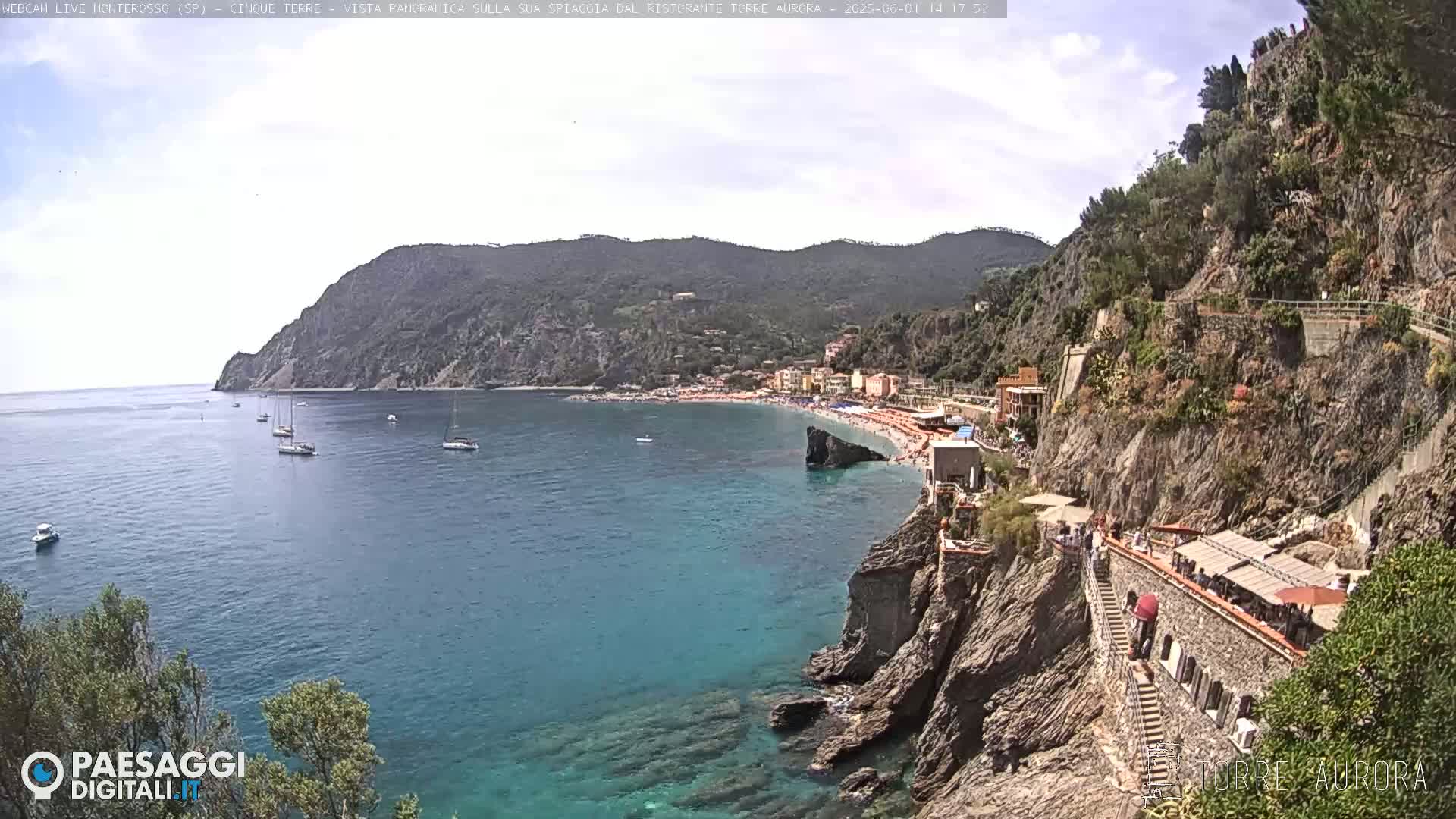 A coastal town nestled between rocky cliffs and a clear blue sea, under a mostly sunny sky, with several sailboats visible in the bay.