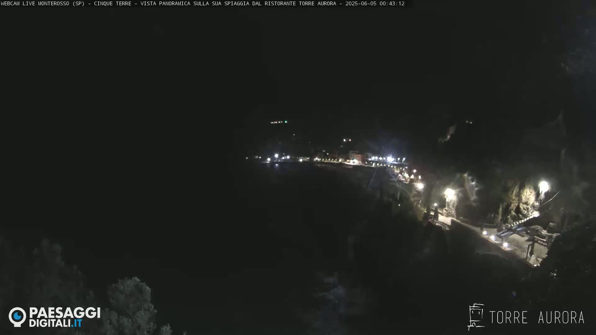 A nighttime, panoramic view of a dimly lit coastline with a few lights visible along the shore and cliffside.
