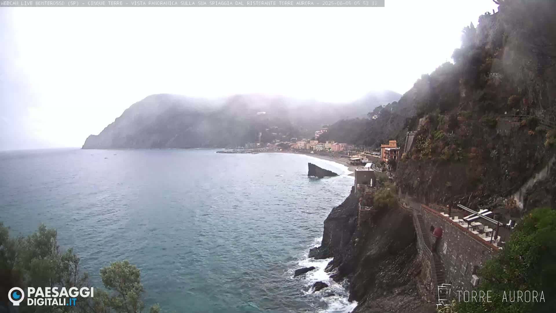 A rain-swept coastal town nestled between a steep, dark cliff and a hazy ocean.