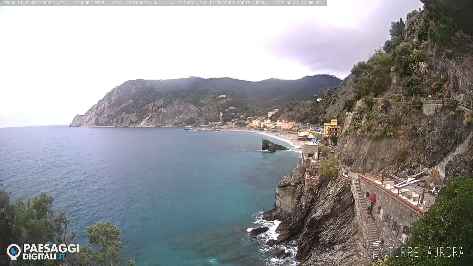 A coastal town nestled between a steep cliff and the turquoise sea under an overcast sky.