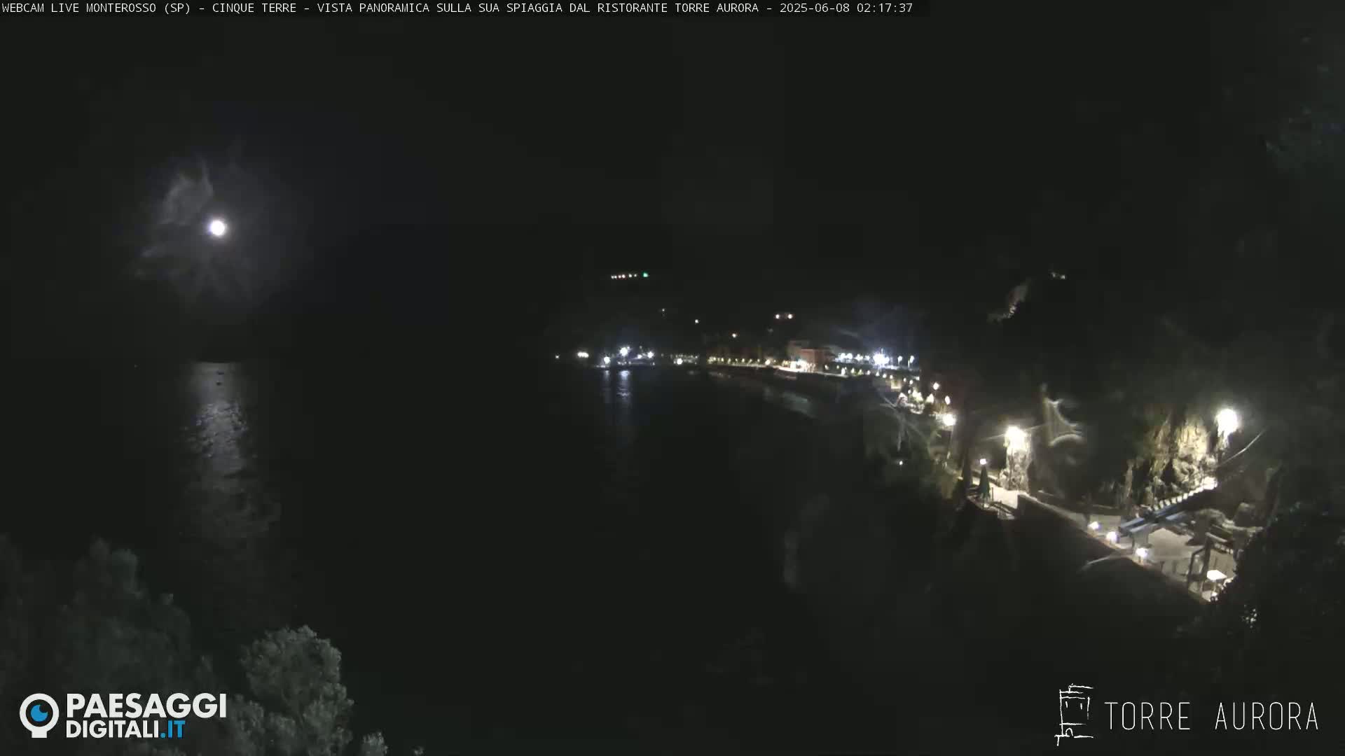 A nighttime, moonlit view of a coastline with a town's lights visible across a dark body of water.