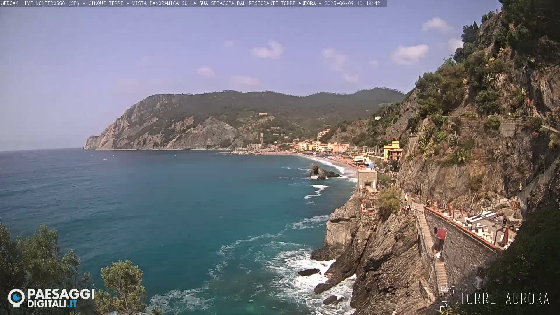 A coastal town with a sandy beach is nestled between rocky cliffs, overlooking a turquoise sea under a mostly clear sky.