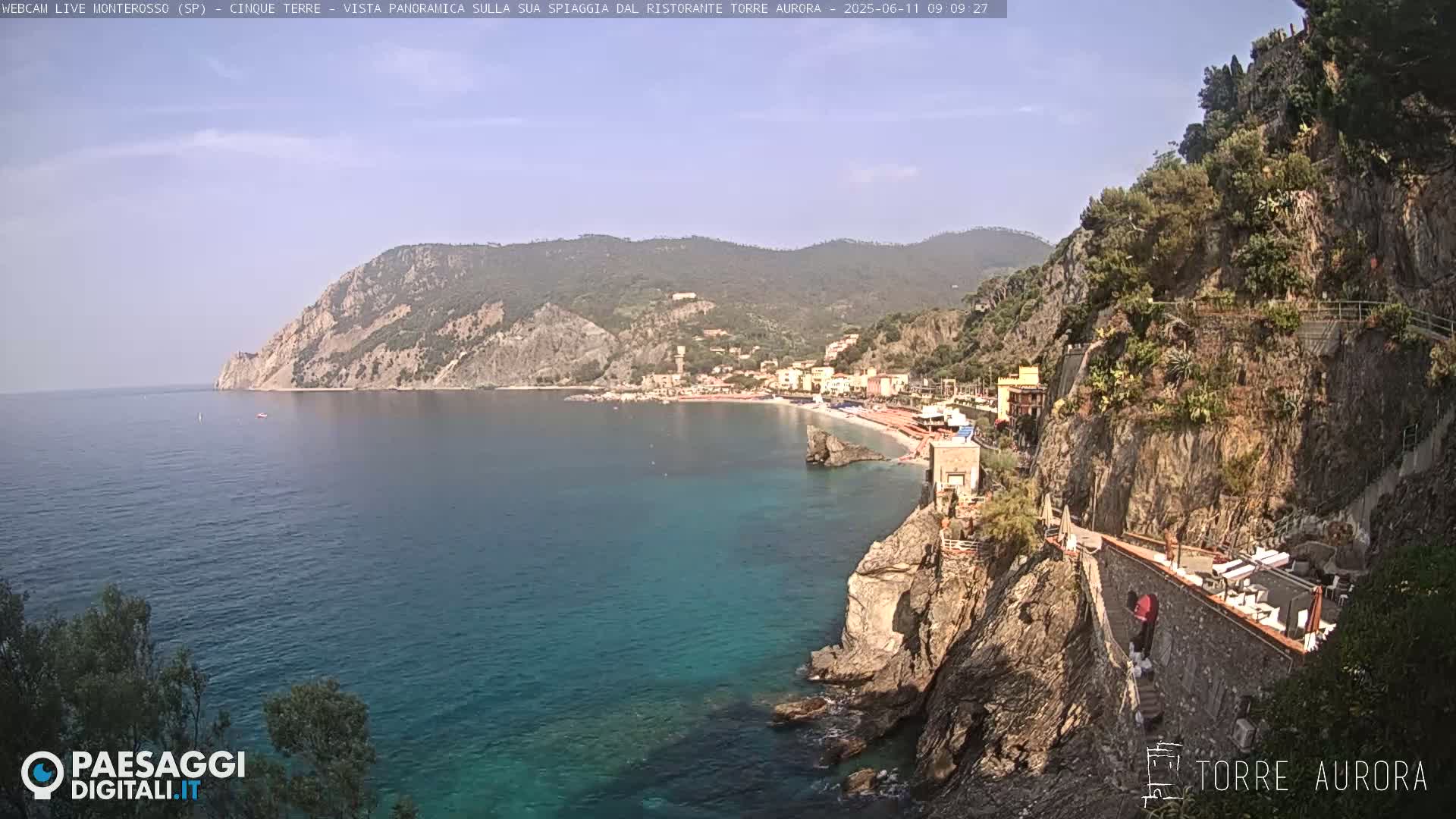 A picturesque coastal town nestled between rocky cliffs and a clear blue sea under a mostly sunny sky.