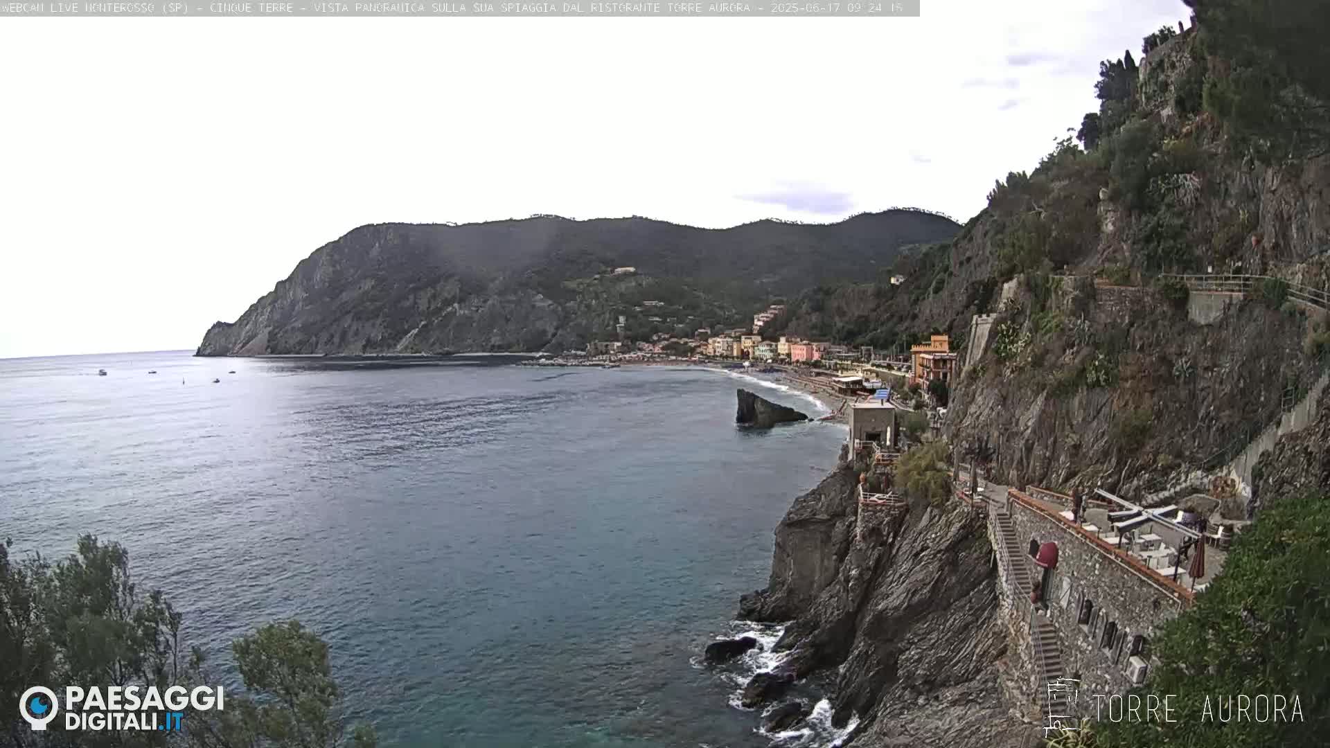 A coastal town nestled between a steep, rocky cliff and a calm sea under an overcast sky.