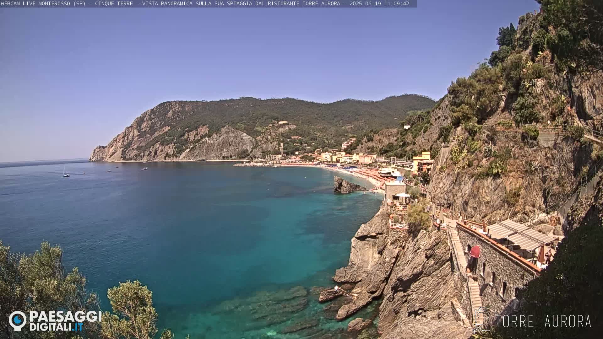 A sunny coastal town nestled between rocky cliffs and a clear turquoise sea, with a path winding along the cliffside.