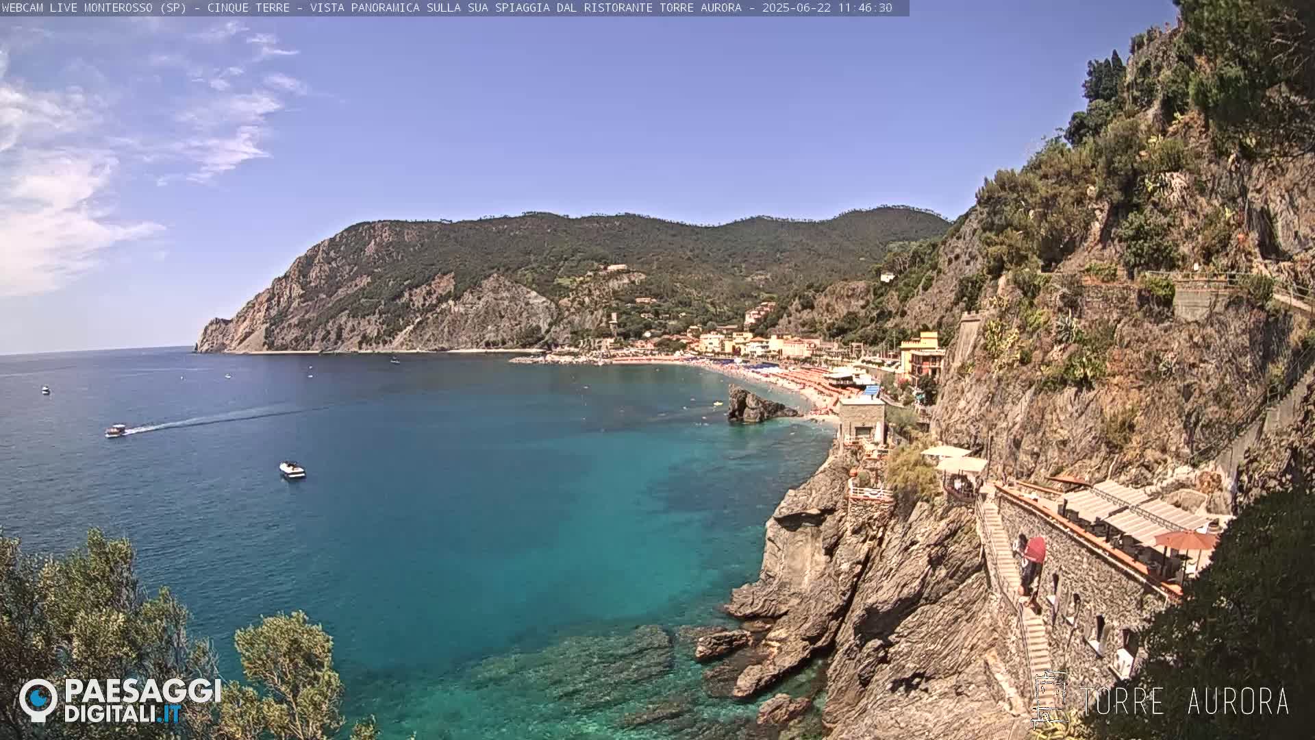 A clear, sunny day overlooks a rocky coastline with a small town and beach nestled into a cove, the turquoise water dotted with boats.
