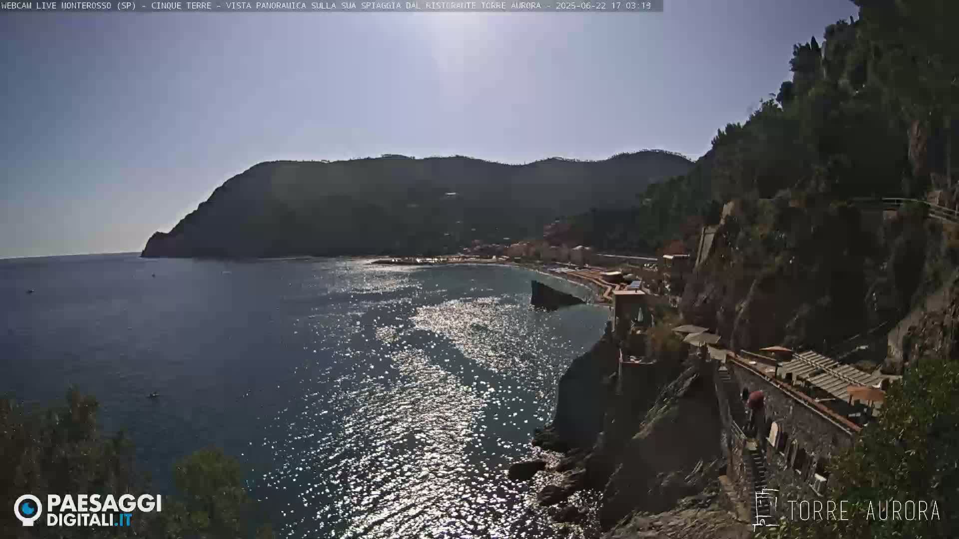 A sunny coastal scene shows a sparkling blue sea lapping against a rocky shore with a small village nestled into the hillside.