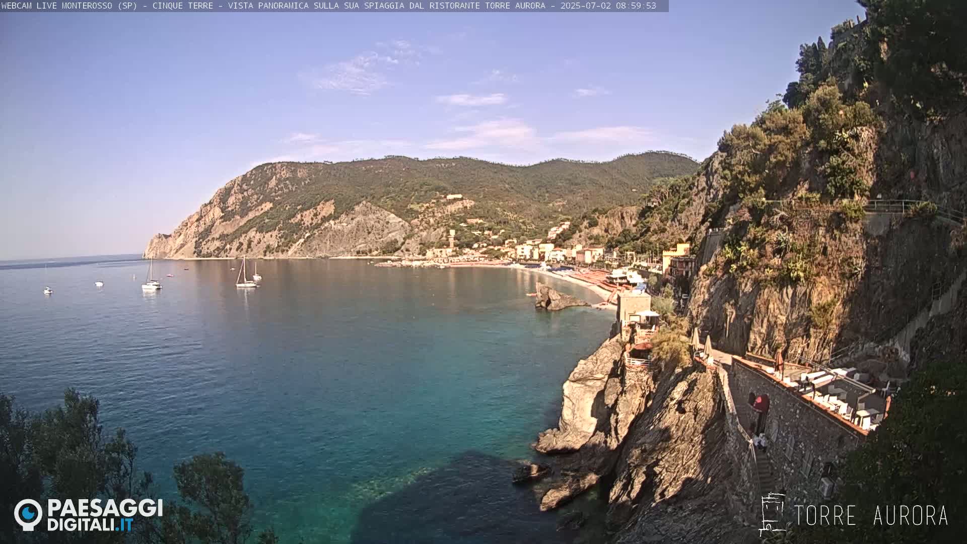 A clear, sunny day overlooking a coastal town nestled between hills and the sea, with several boats visible in the calm water.